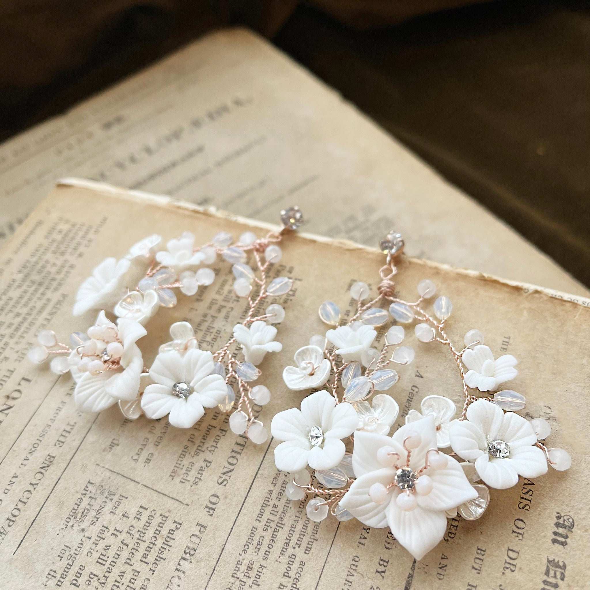 Jules Bridal - Myrtle, White Ceramic Floral Drop Earrings