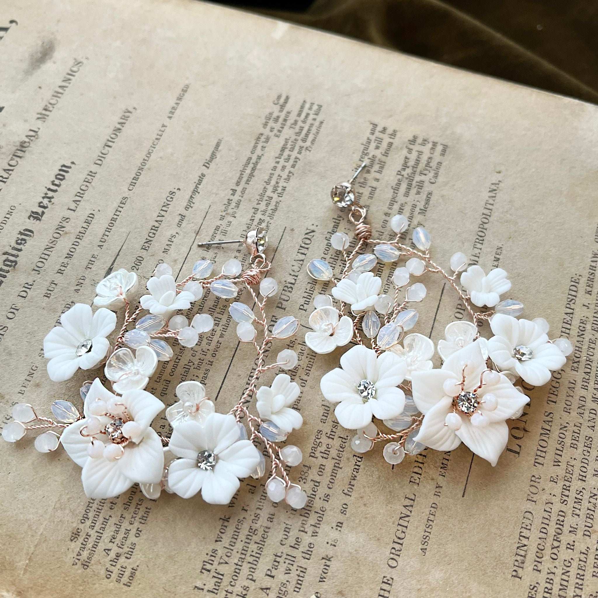 Jules Bridal - Myrtle, White Ceramic Floral Drop Earrings