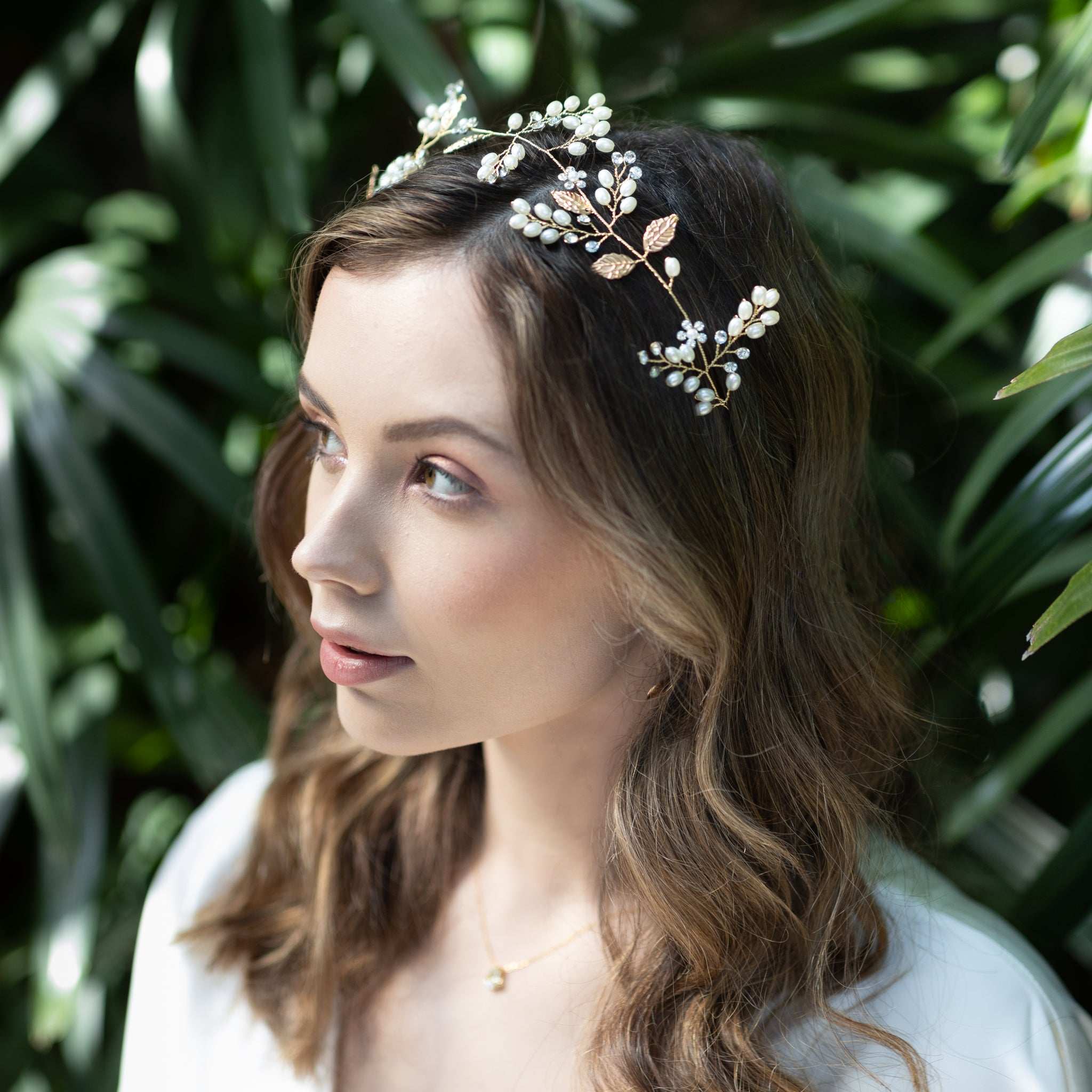Jules Bridal - Niamh, Gold Hair Vine with Pearls and Crystals