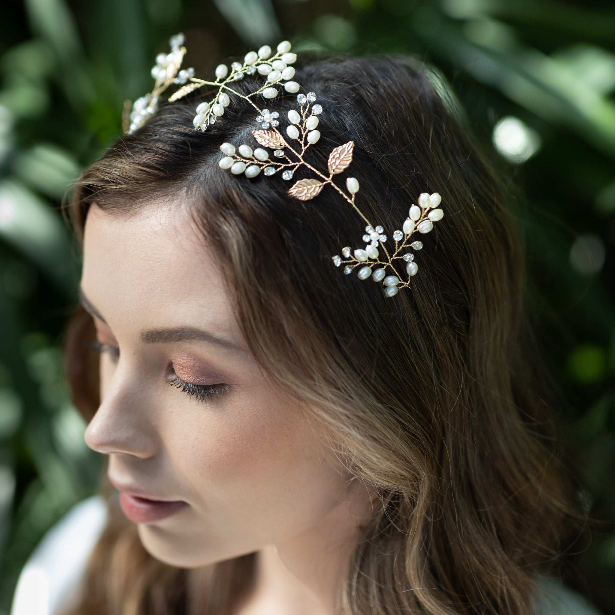 Jules Bridal - Niamh, Gold Hair Vine with Pearls and Crystals