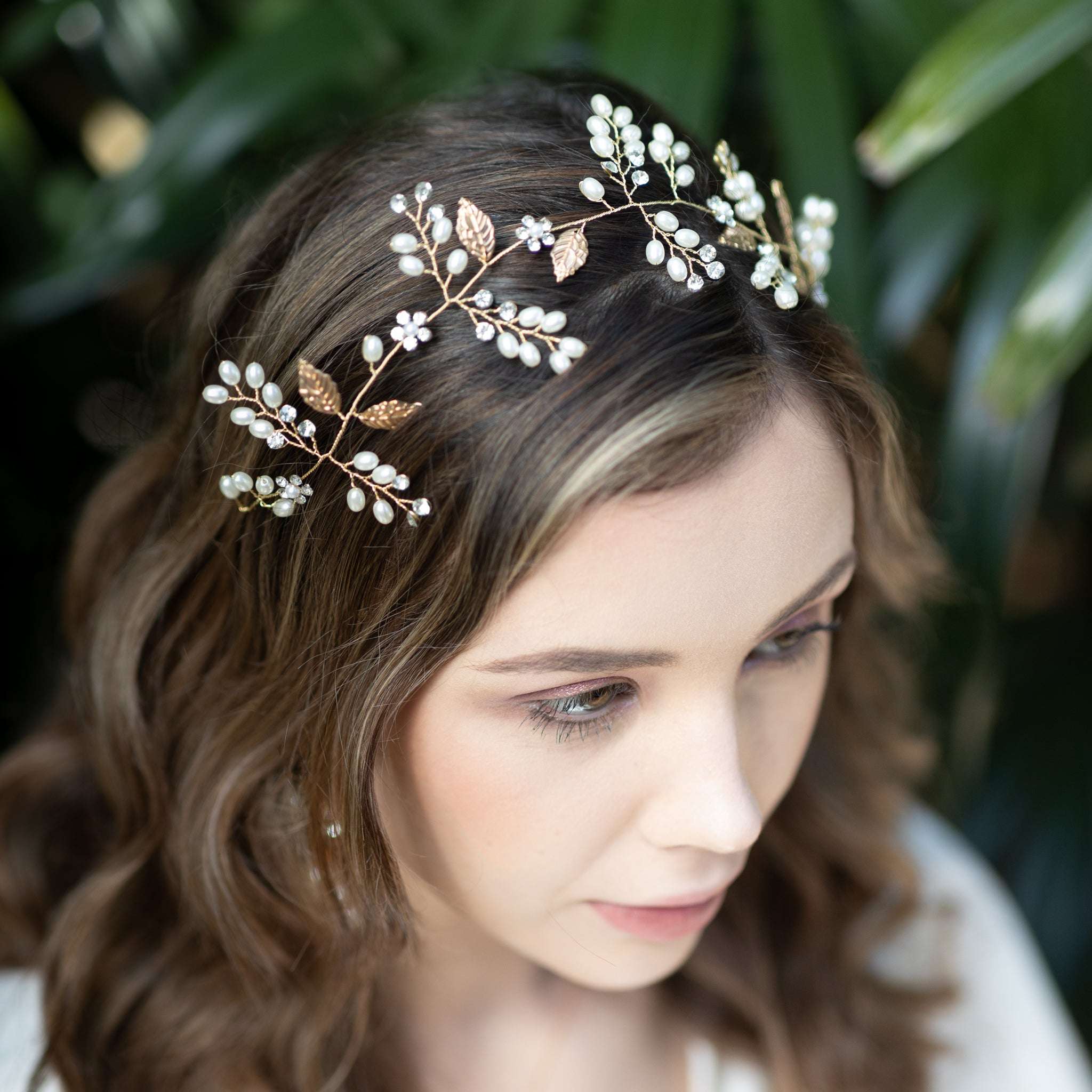 Jules Bridal - Niamh, Gold Hair Vine with Pearls and Crystals