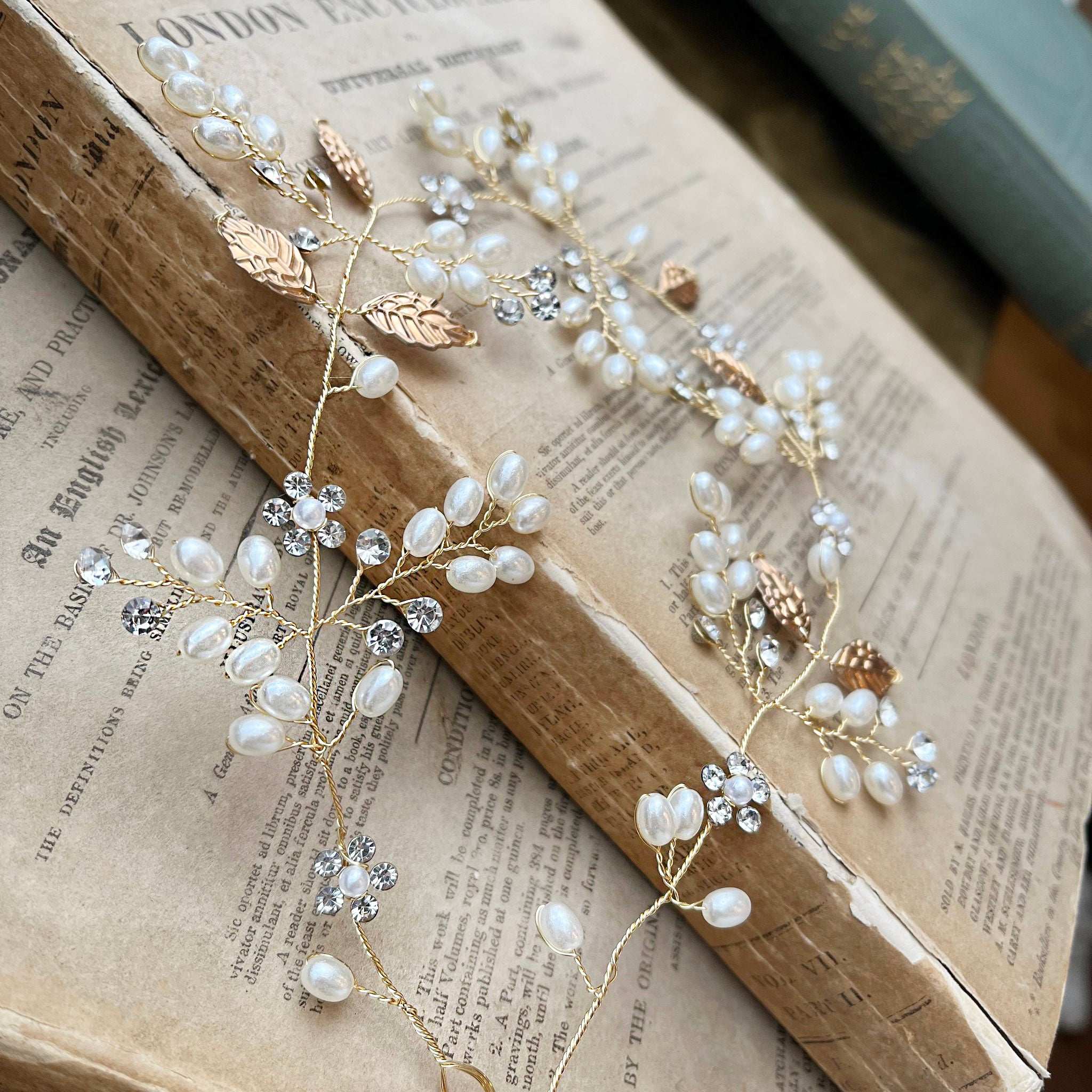 Niamh, Gold Hair Vine with Pearls & Crystals
