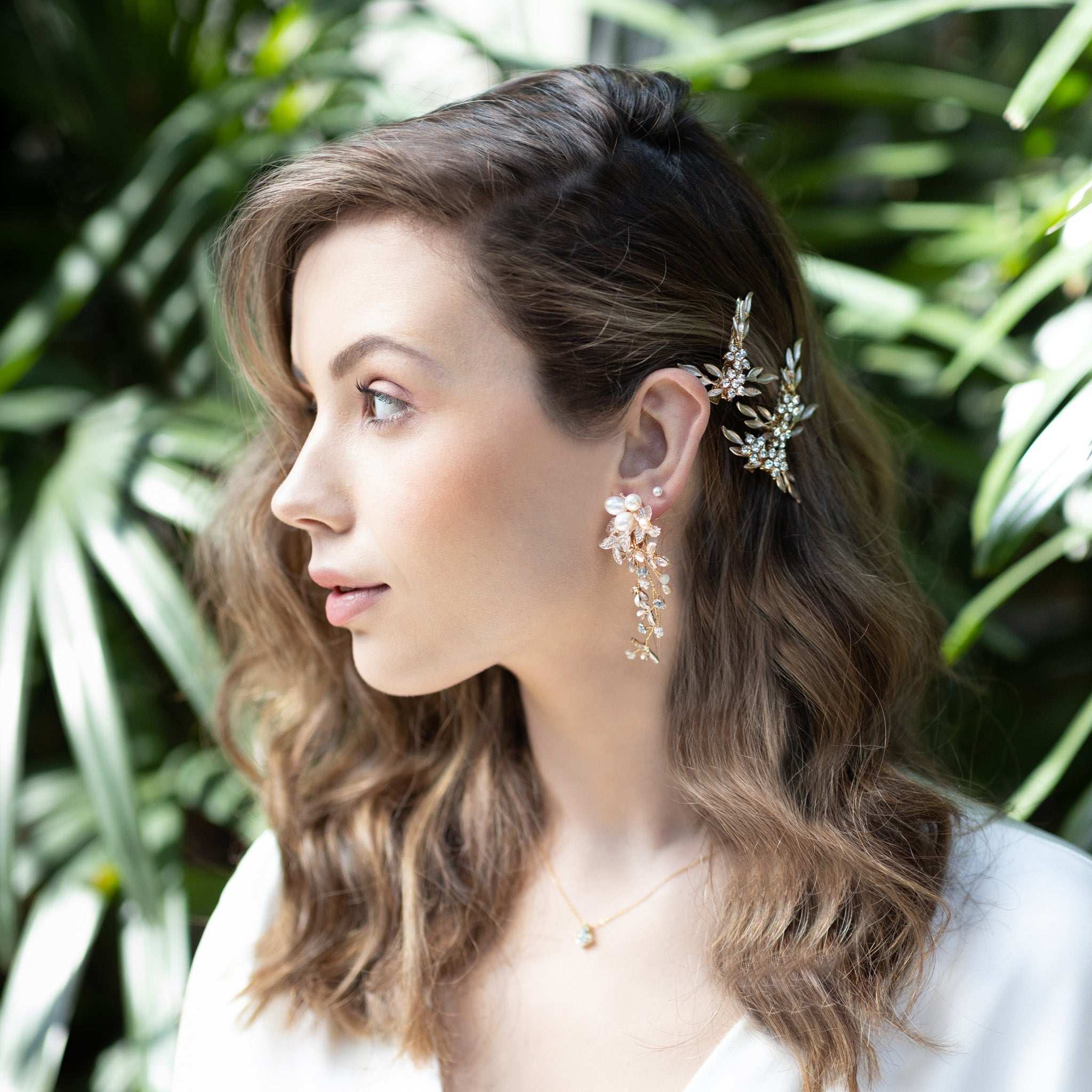 Jules Bridal - Nike, Crystal Floral Golden Leaf Bridal Clip Set