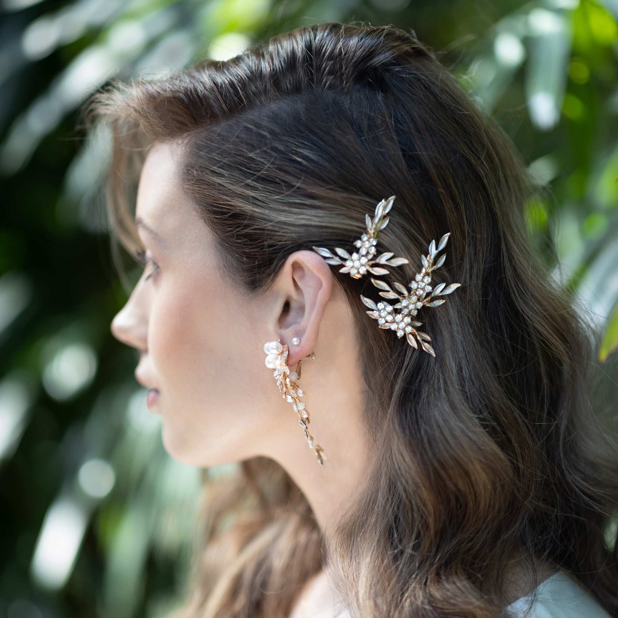 Jules Bridal - Nike, Crystal Floral Golden Leaf Bridal Clip Set