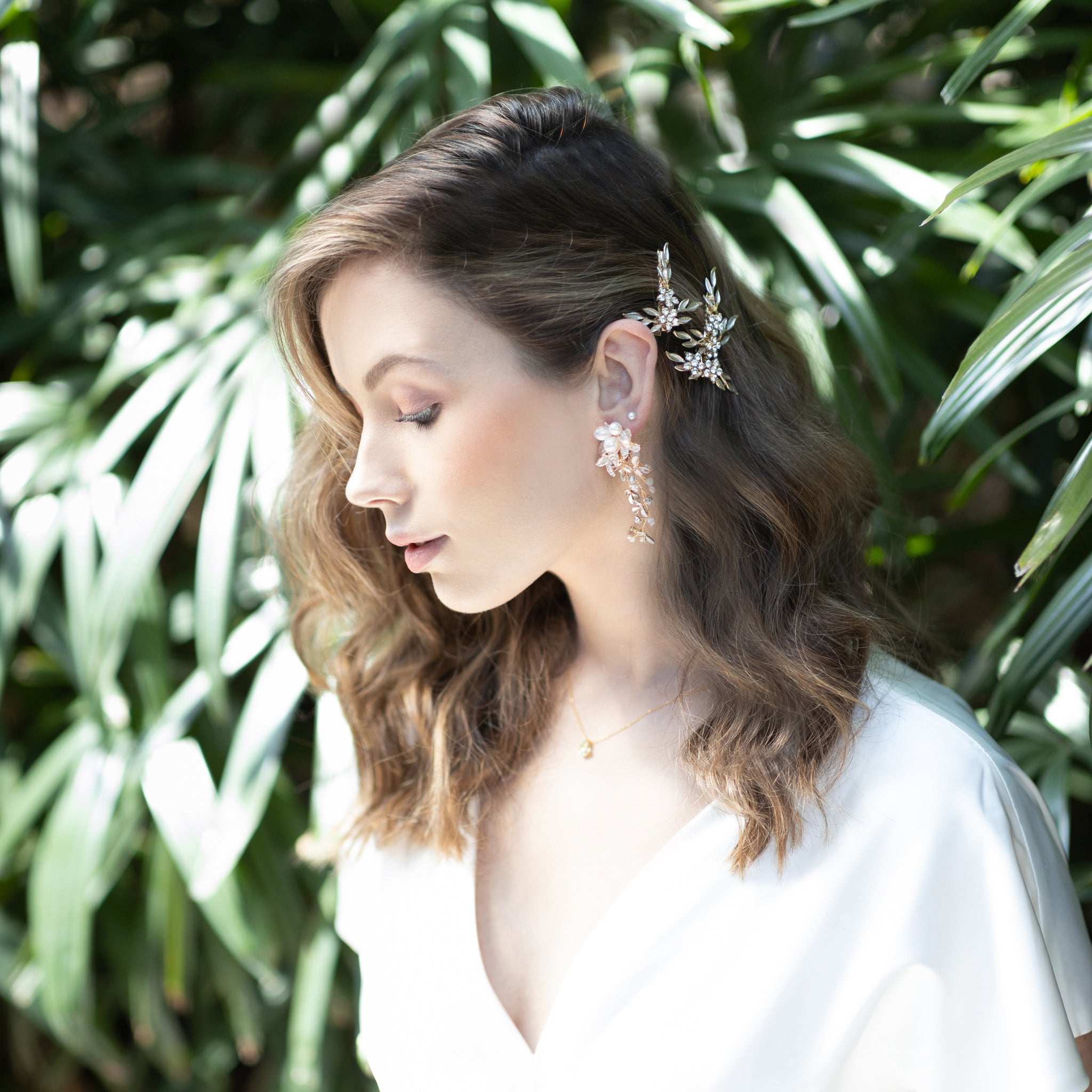 Jules Bridal - Nike, Crystal Floral Golden Leaf Bridal Clip Set