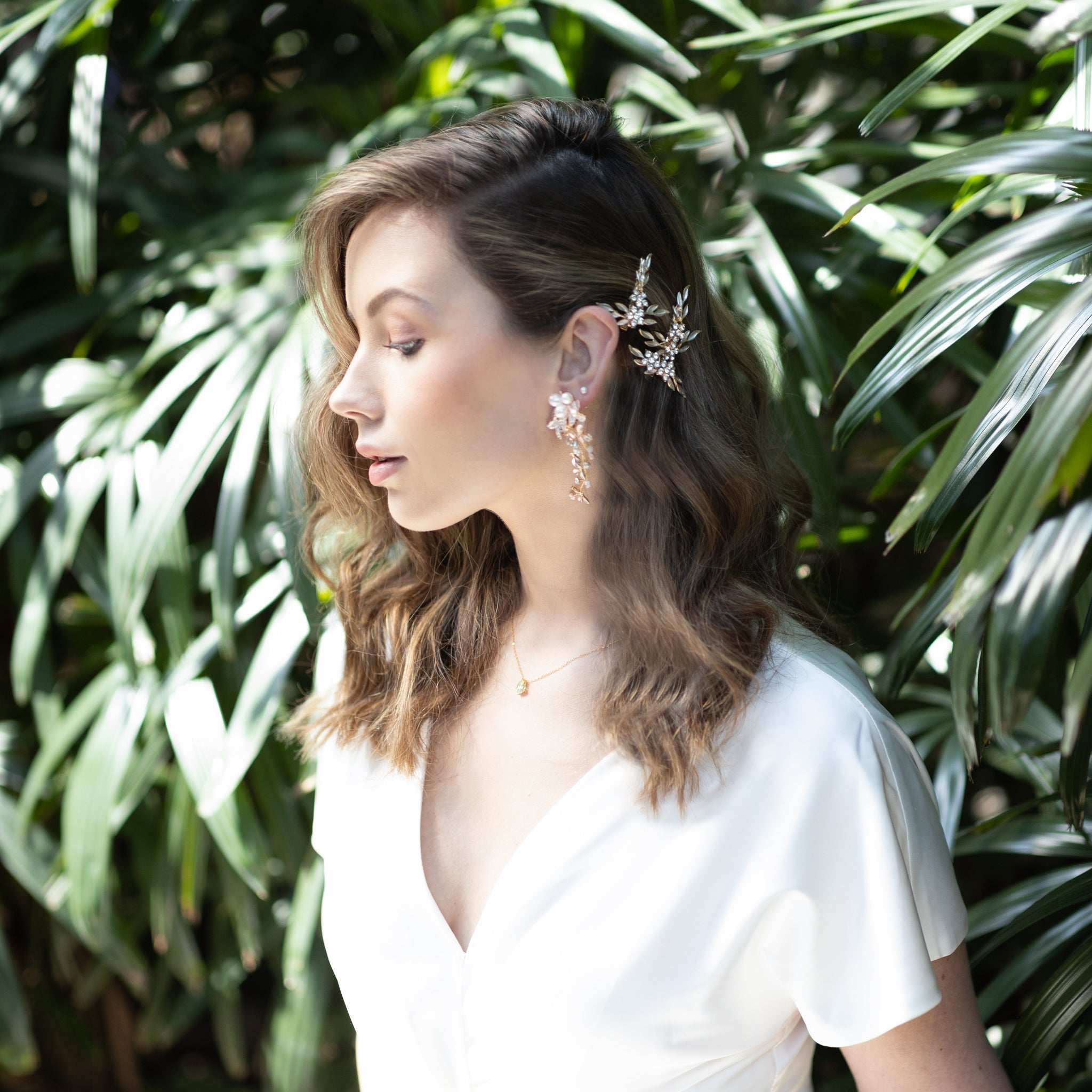 Jules Bridal - Nike, Crystal Floral Golden Leaf Bridal Clip Set