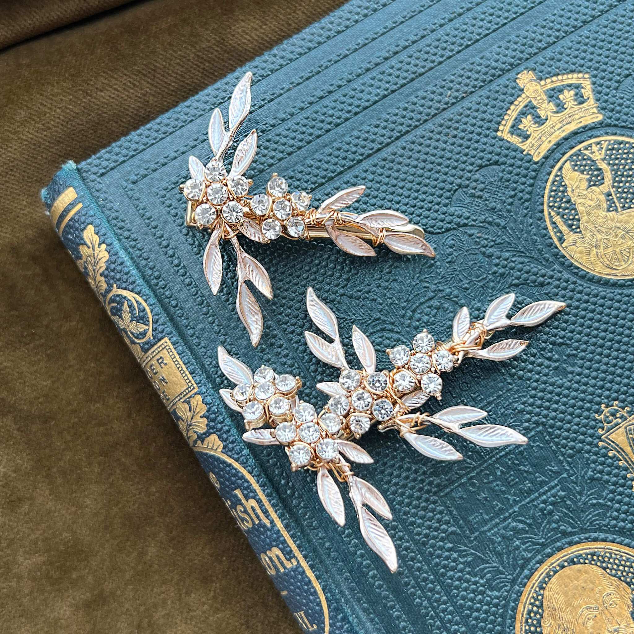 Jules Bridal - Nike, Crystal Floral Golden Leaf Bridal Clip Set