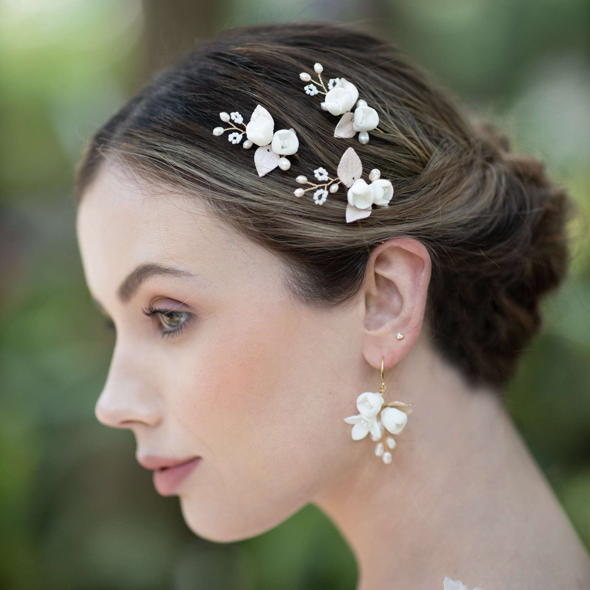 Jules Bridal - Posie, White Ceramic Floral Hair Pins with Pearls