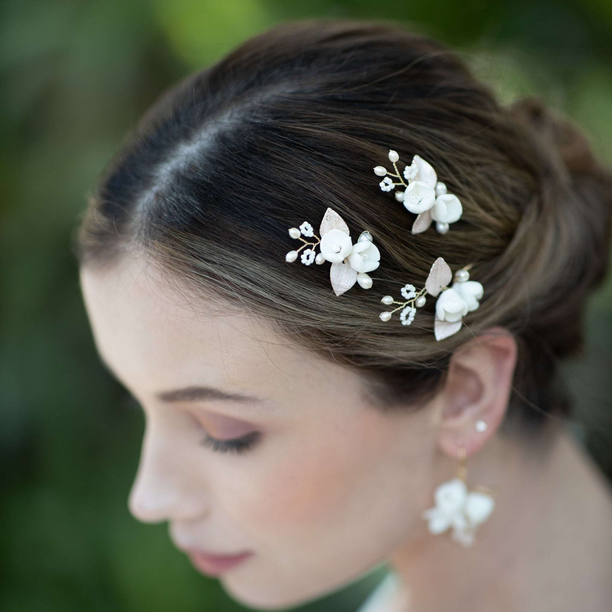 Jules Bridal - Posie, White Ceramic Floral Hair Pins with Pearls