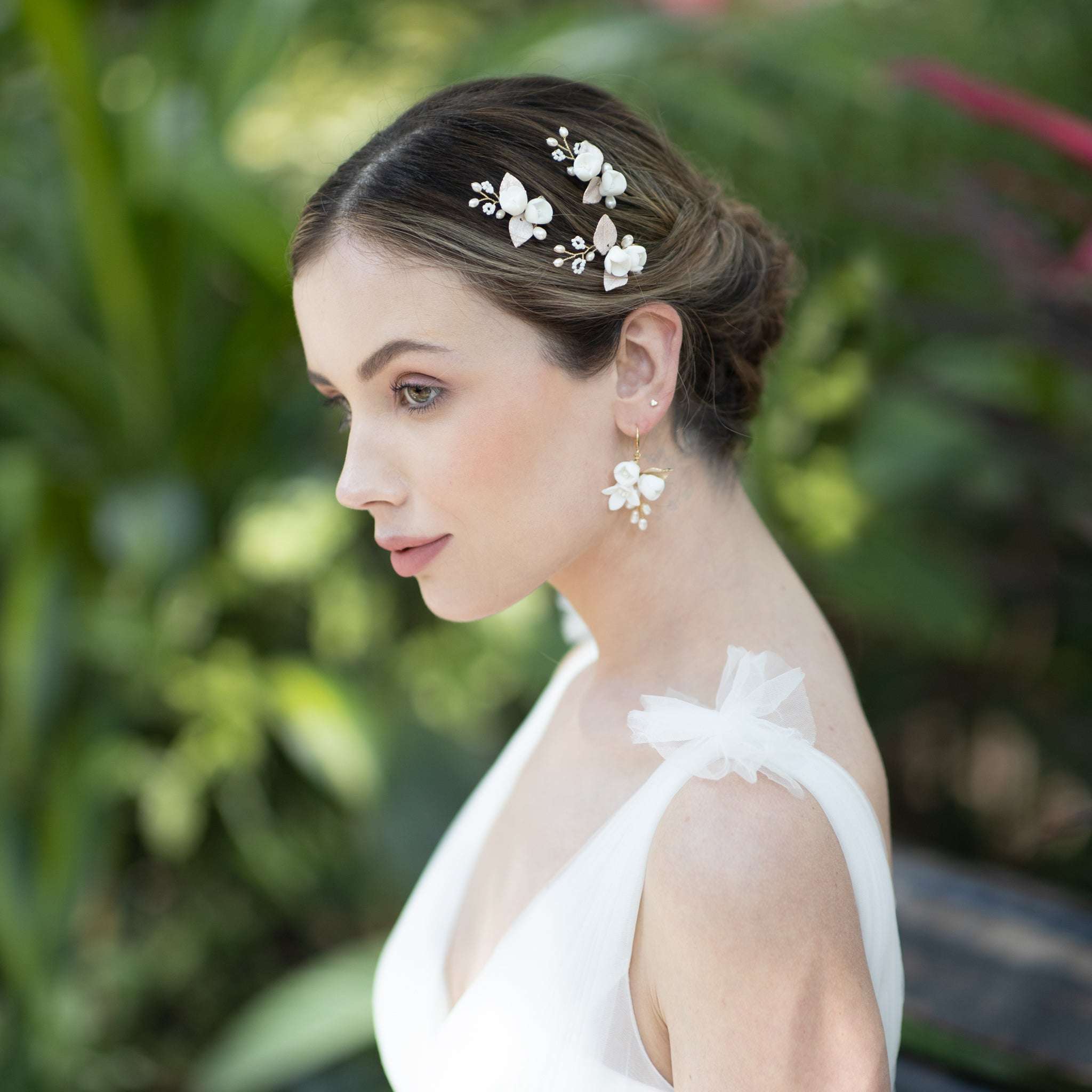 Jules Bridal - Posie, White Ceramic Floral Hair Pins with Pearls