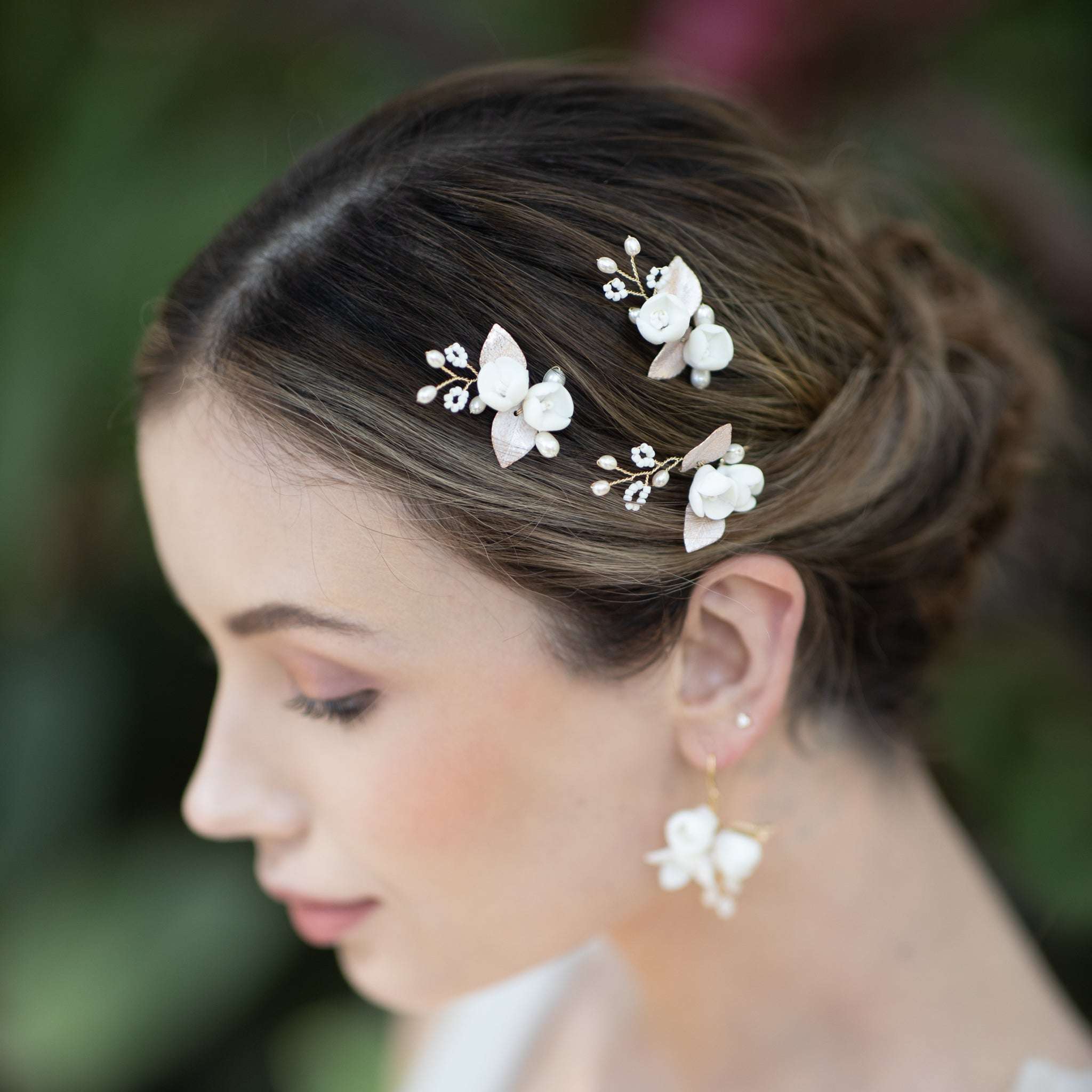Jules Bridal - Posie, White Ceramic Floral Hair Pins with Pearls