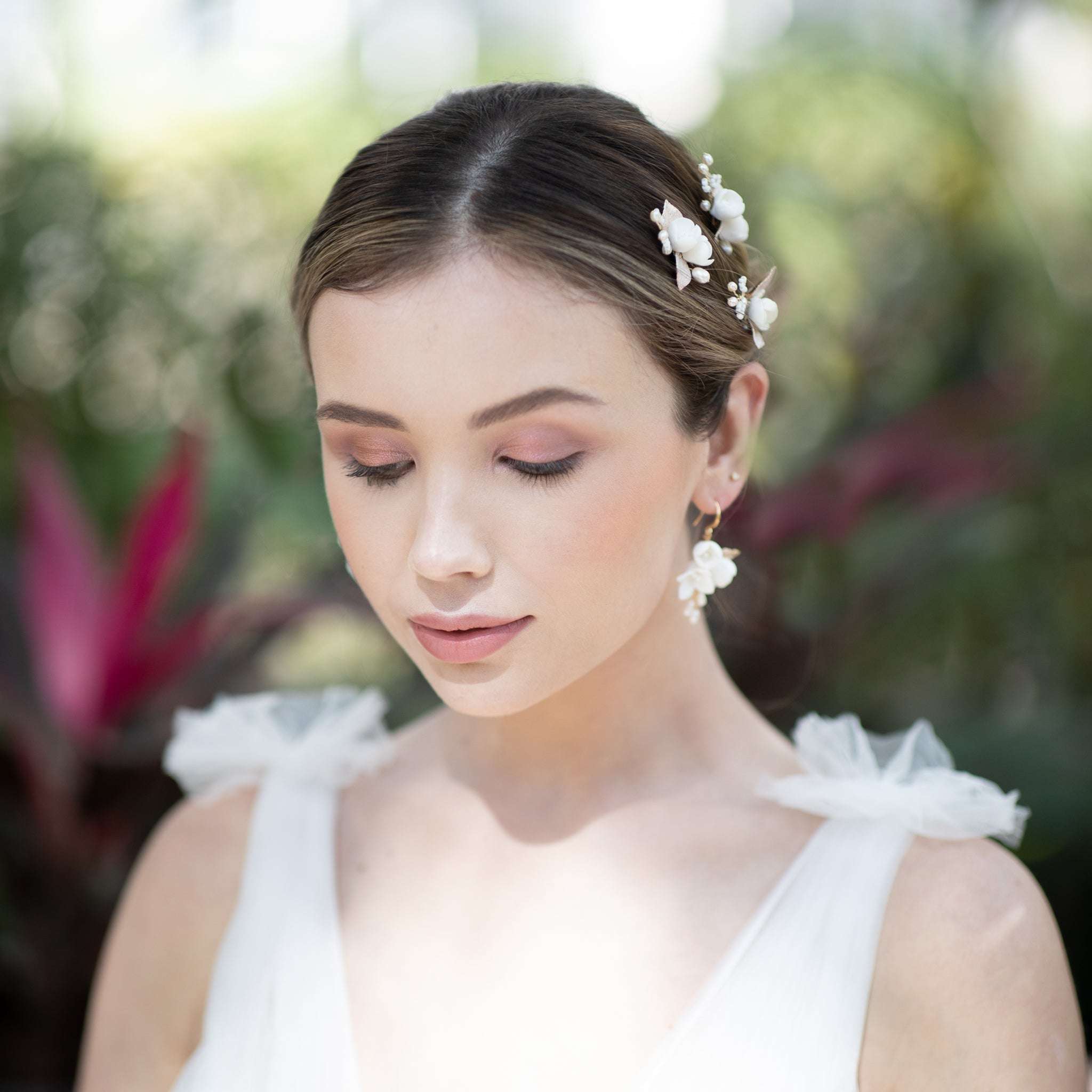 Jules Bridal - Posie, White Ceramic Floral Hair Pins with Pearls