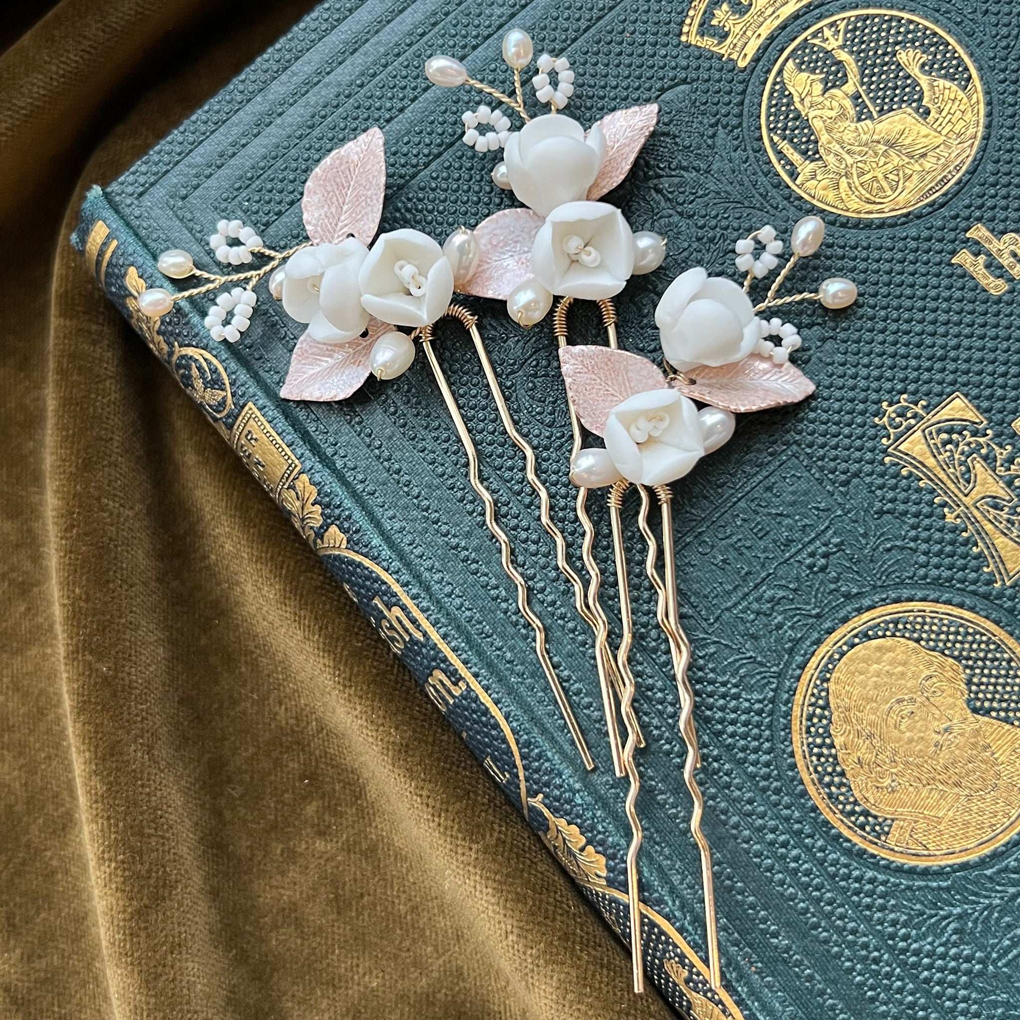 Jules Bridal - Posie, White Ceramic Floral Hair Pins with Pearls