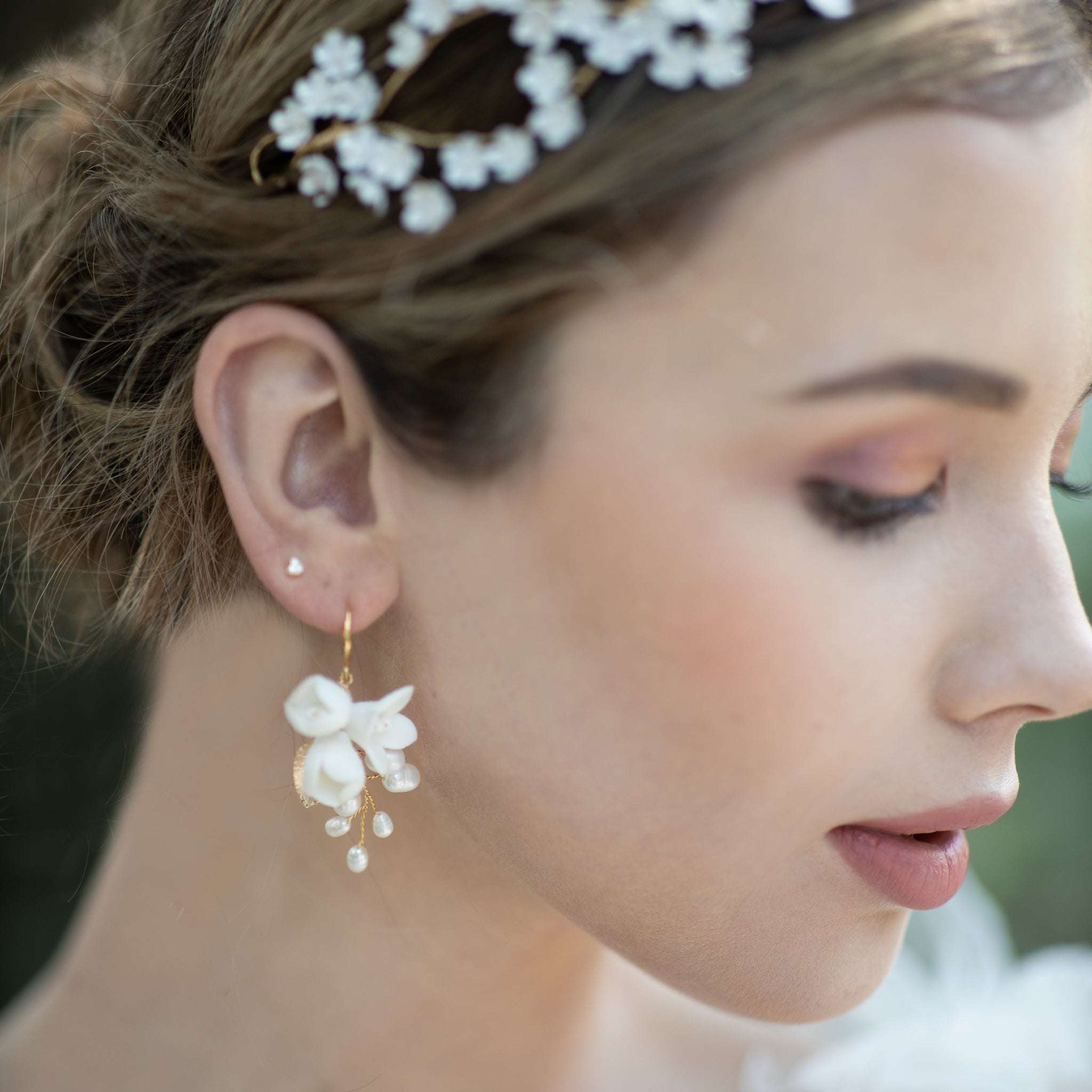 Jules Bridal - Primrose, White Ceramic Floral Drop Earrings