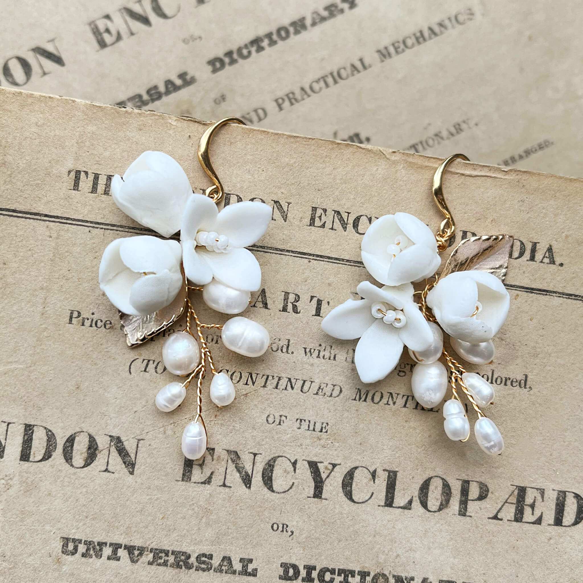 Jules Bridal - Primrose, White Ceramic Floral Drop Earrings