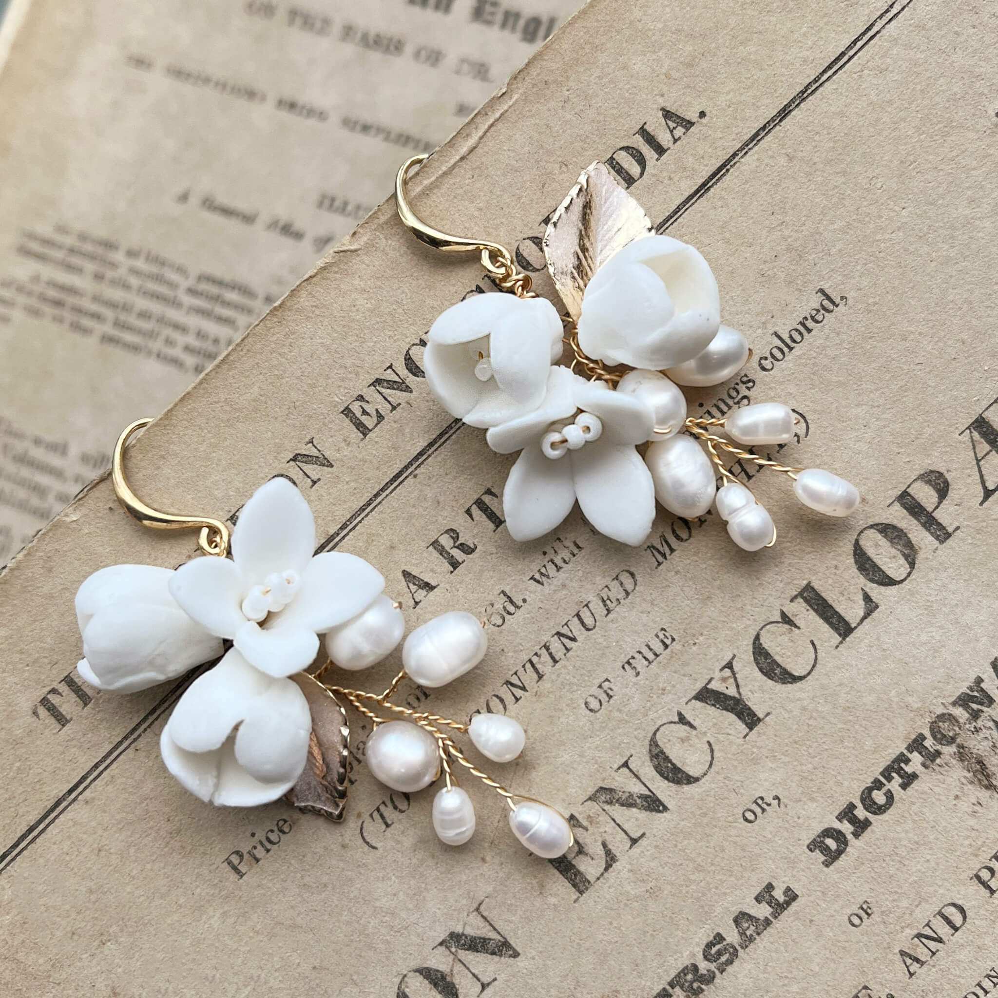 Jules Bridal - Primrose, White Ceramic Floral Drop Earrings