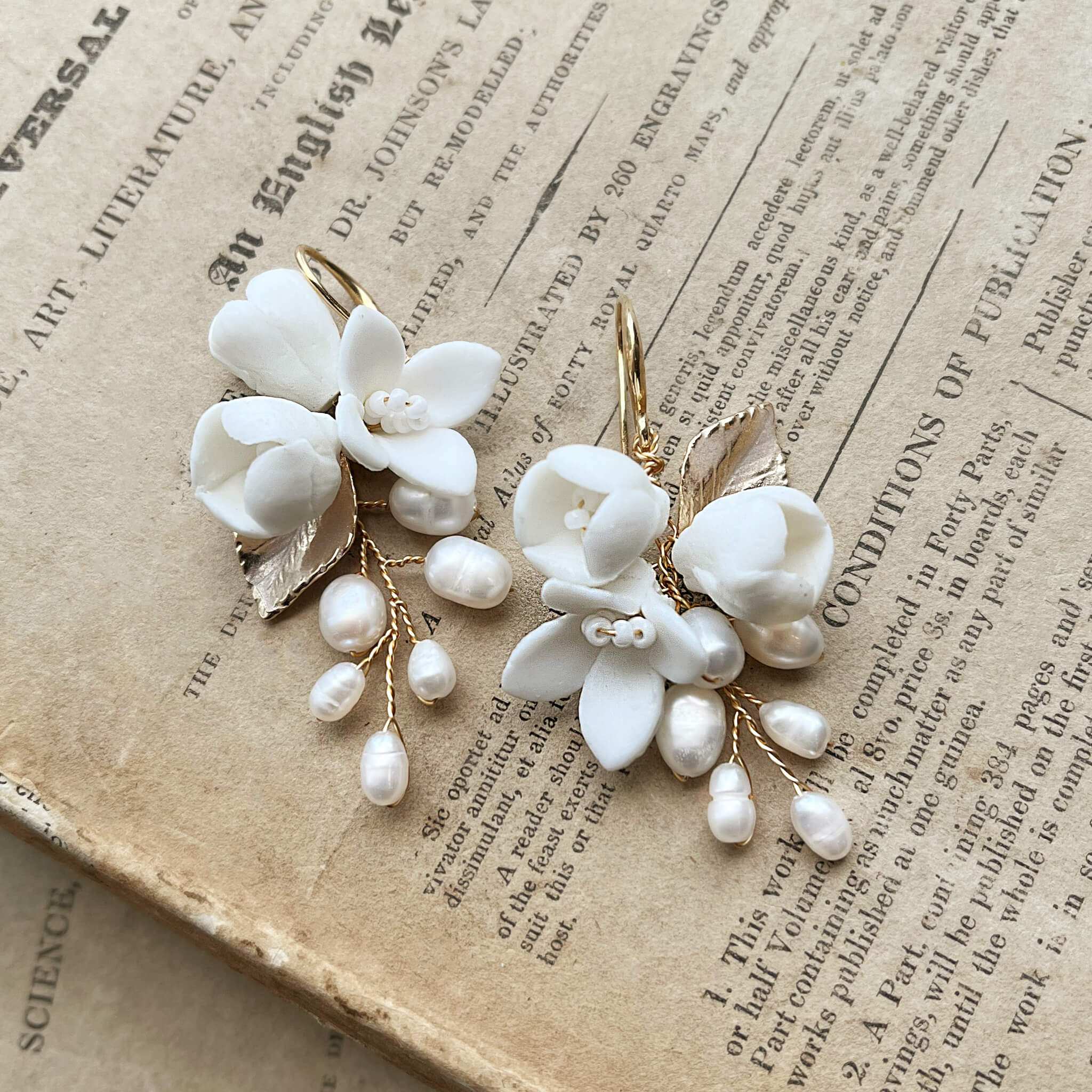 Jules Bridal - Primrose, White Ceramic Floral Drop Earrings