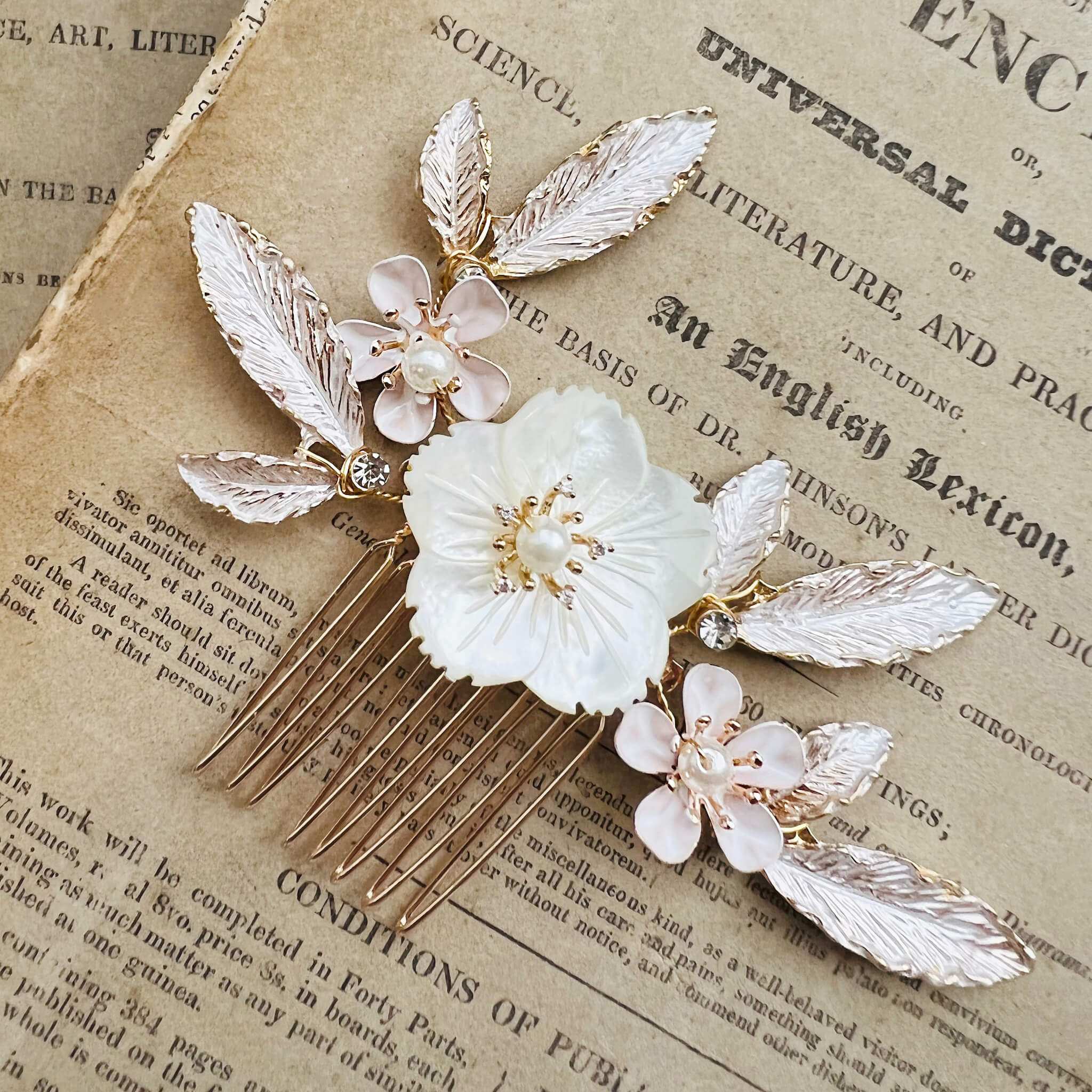 Jules Bridal - Sakura, Floral Hair Comb with Pearls & Leaves