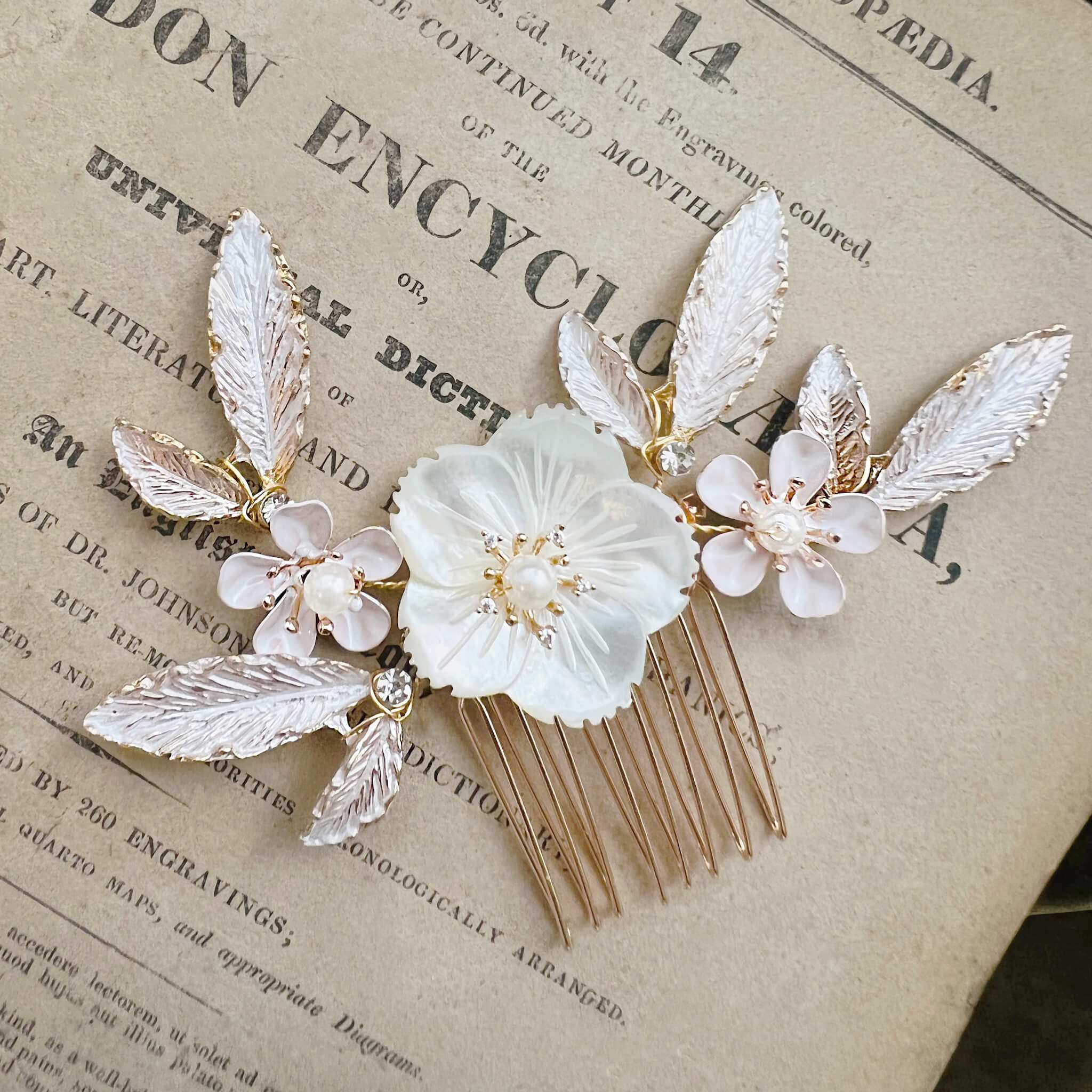 Jules Bridal - Sakura, Floral Hair Comb with Pearls & Leaves