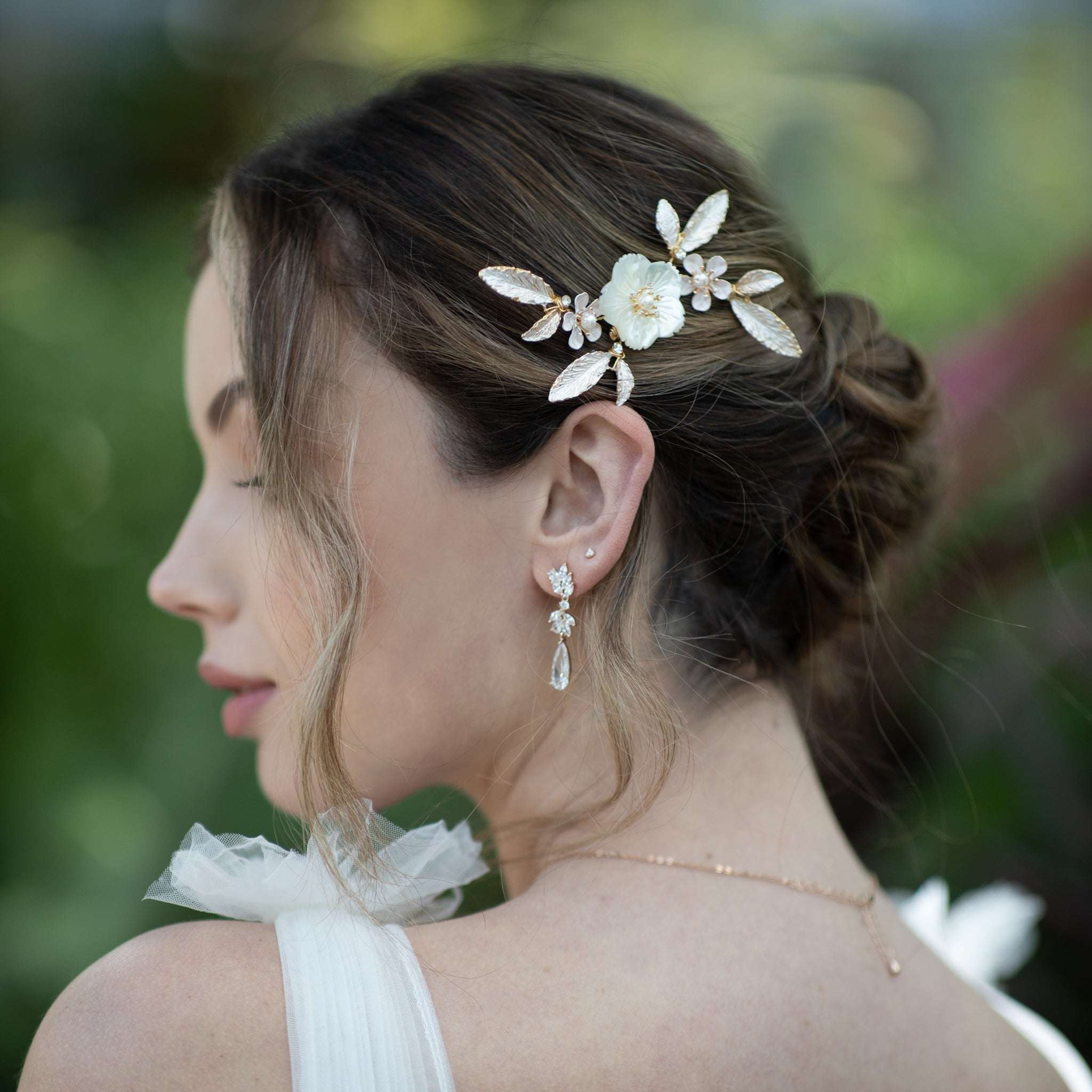 Jules Bridal - Sakura, Floral Hair Comb with Pearls & Leaves