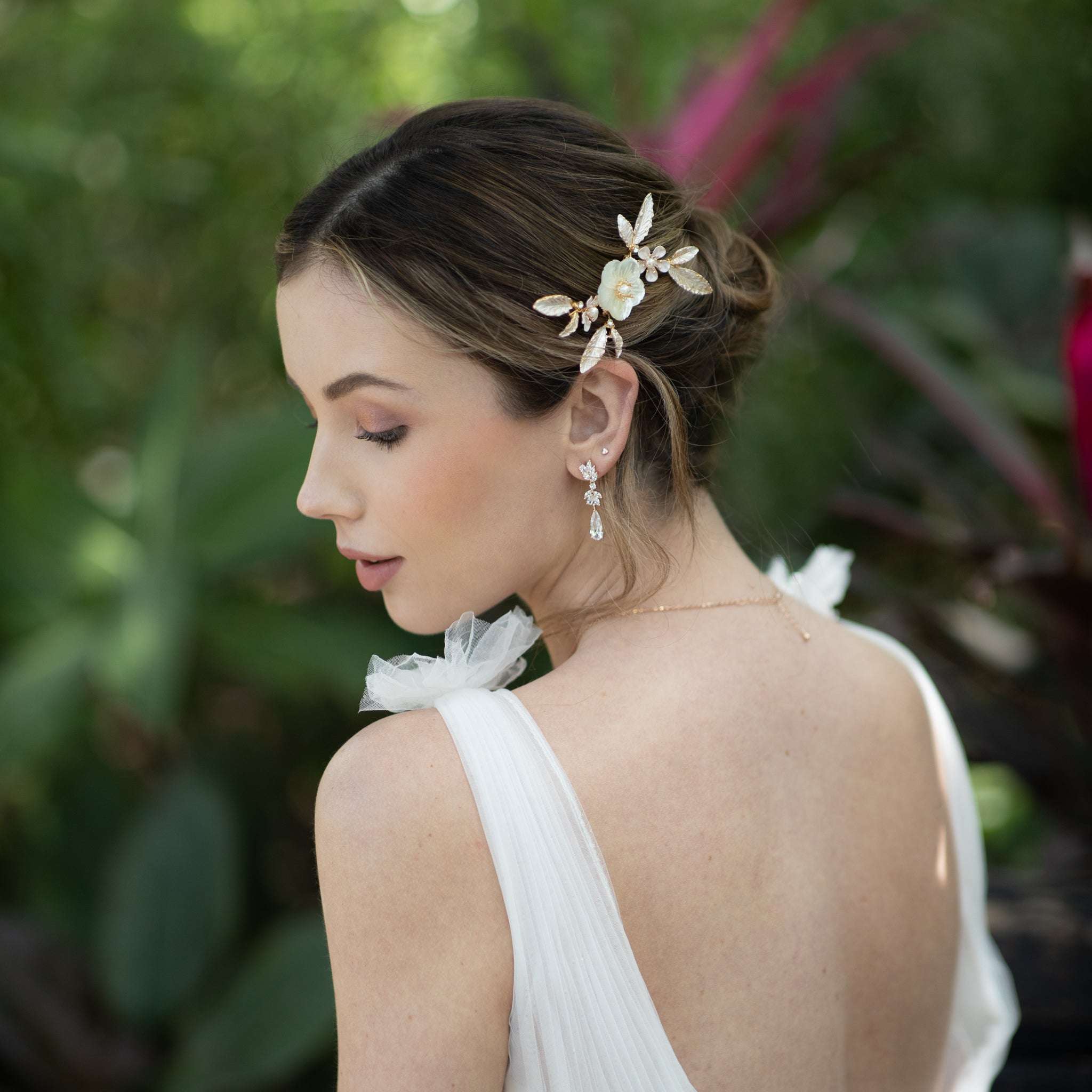 Jules Bridal - Sakura, Floral Hair Comb with Pearls & Leaves