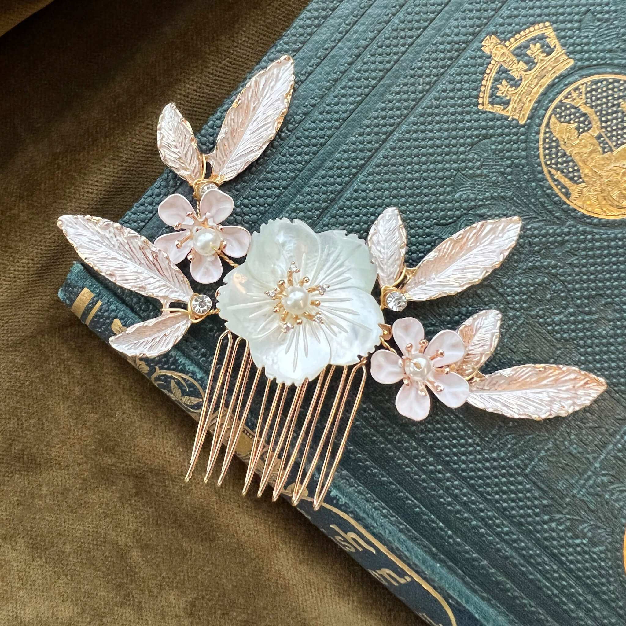 Jules Bridal - Sakura, Floral Hair Comb with Pearls & Leaves