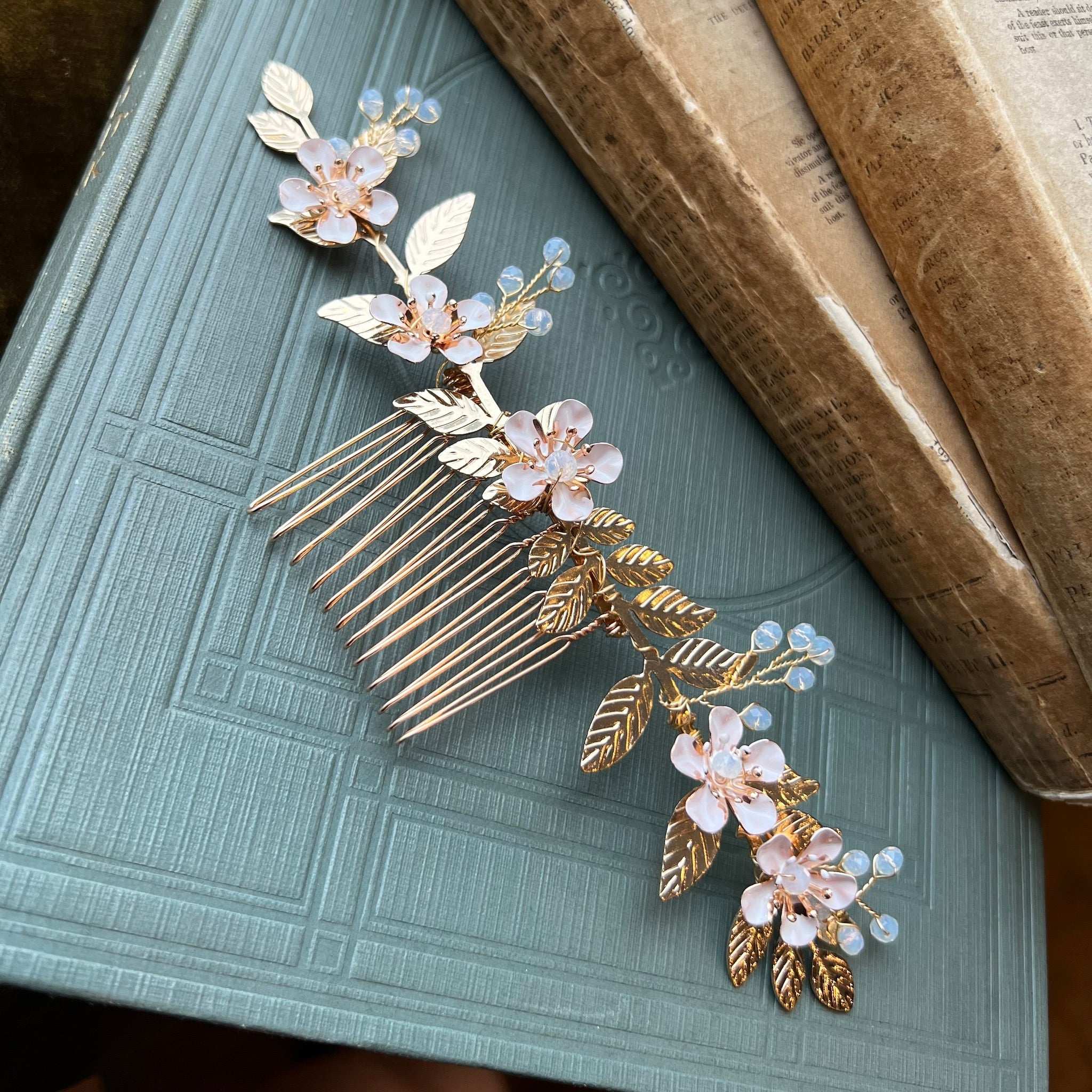Jules Bridal - Shaylee, Enamel Floral Golden Leaf Hair Comb