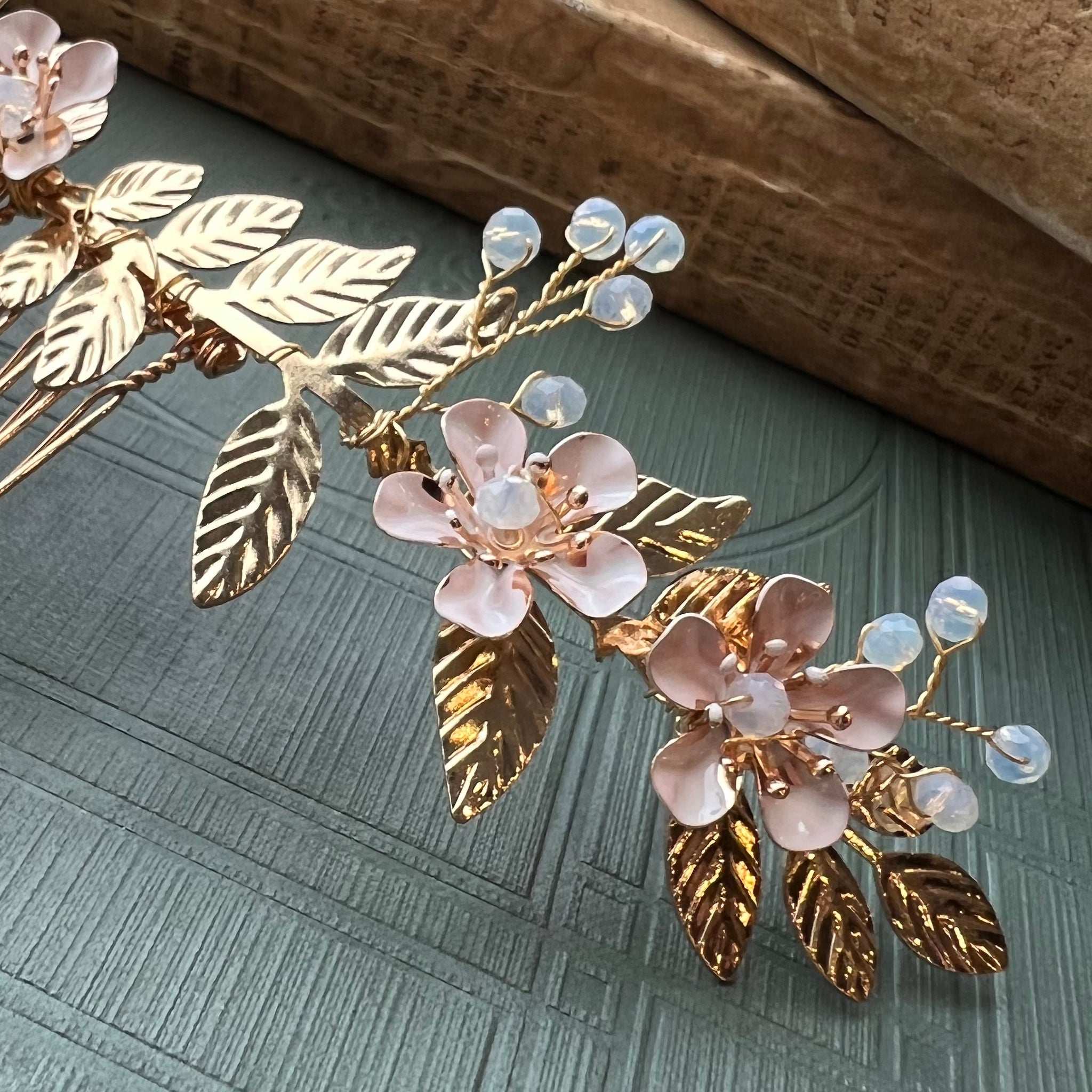 Jules Bridal - Shaylee, Enamel Floral Golden Leaf Hair Comb