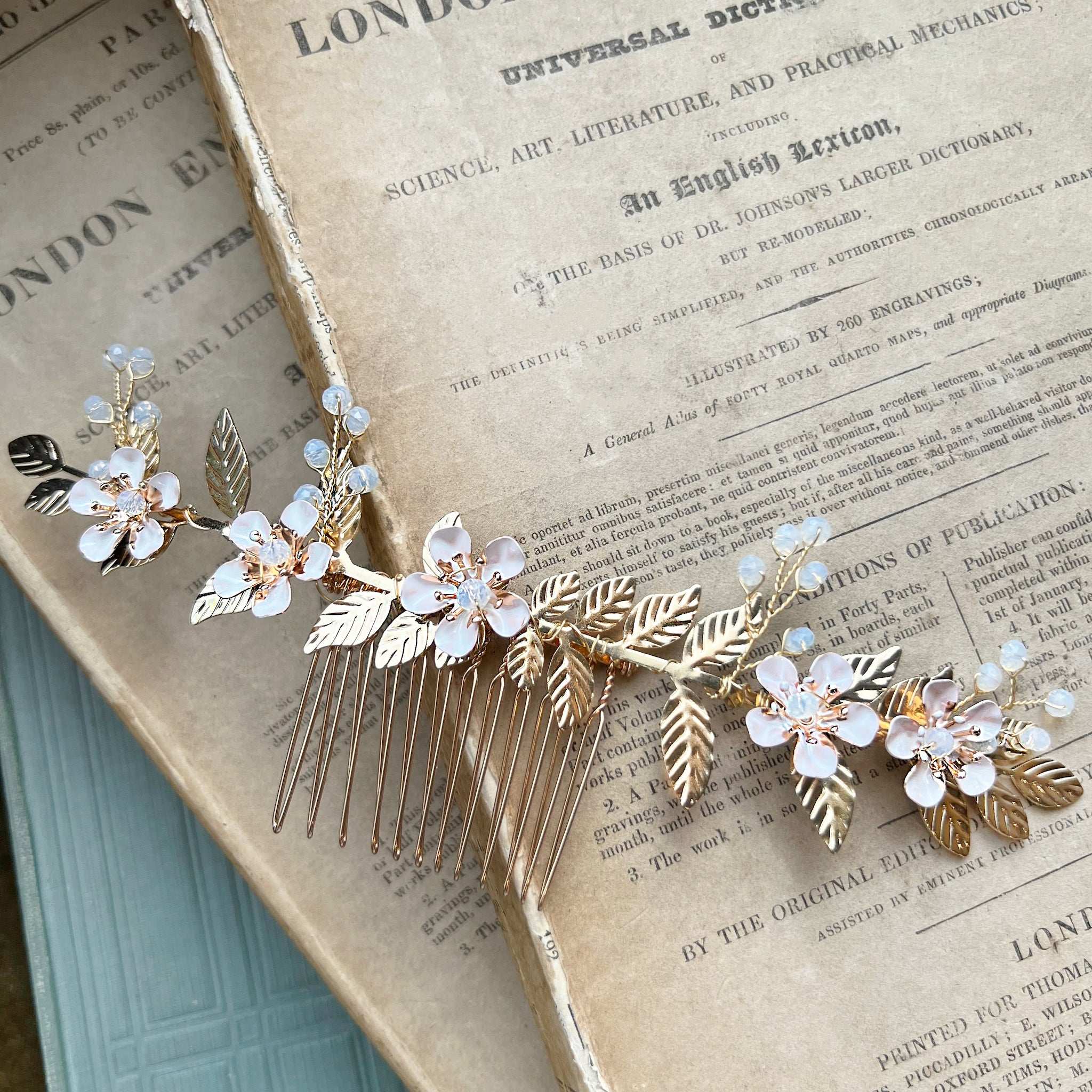 Jules Bridal - Shaylee, Enamel Floral Golden Leaf Hair Comb