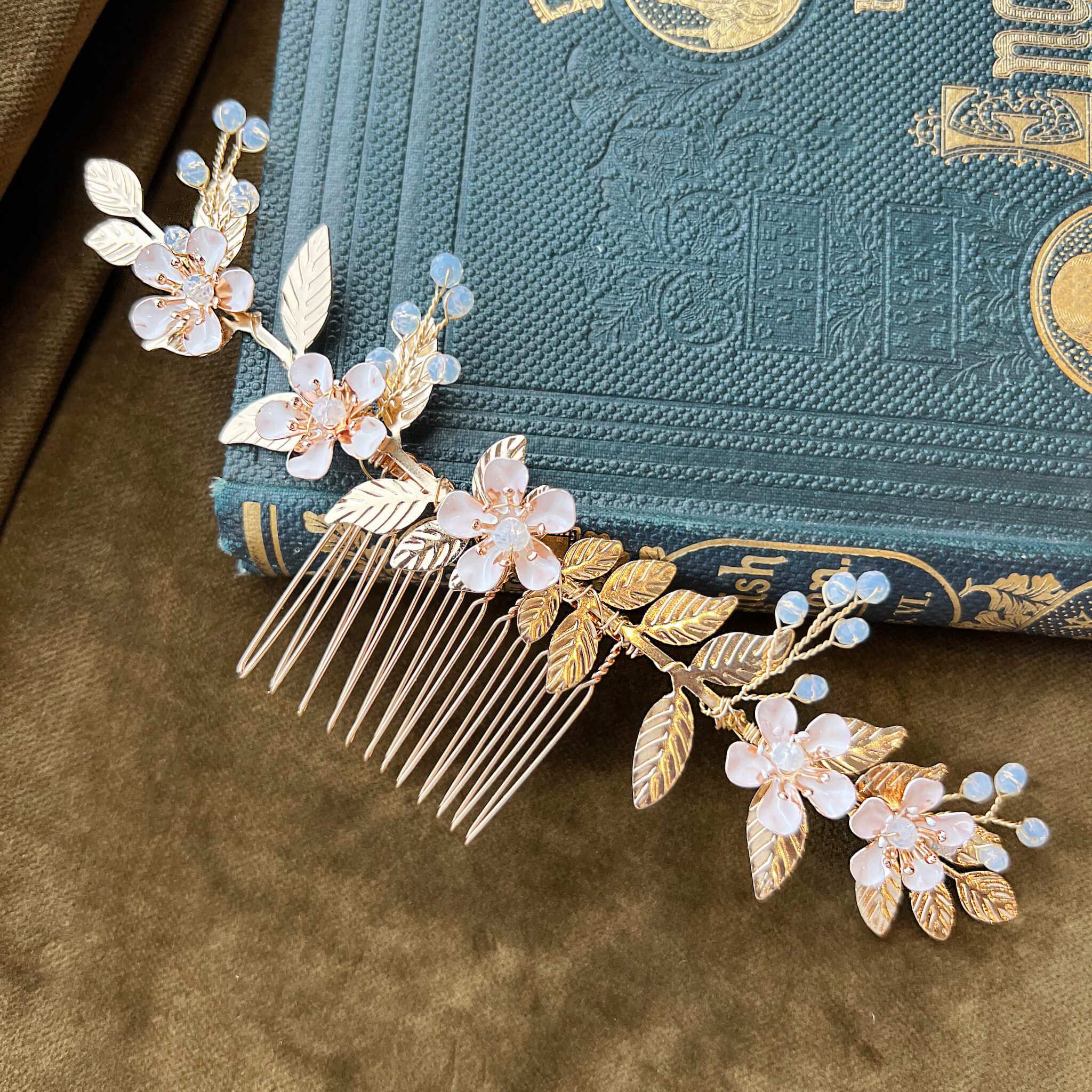 Jules Bridal - Shaylee, Enamel Floral Golden Leaf Hair Comb