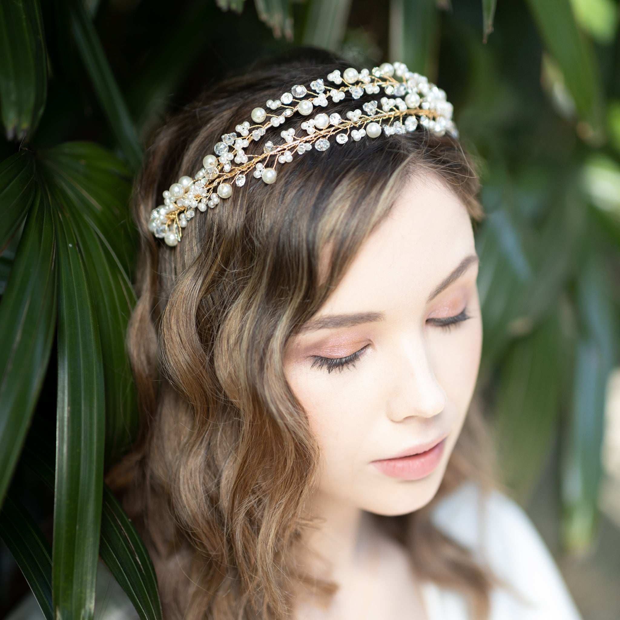 Jules Bridal - Siobhan, Gold Pearl and Crystal Double Tiered Headband