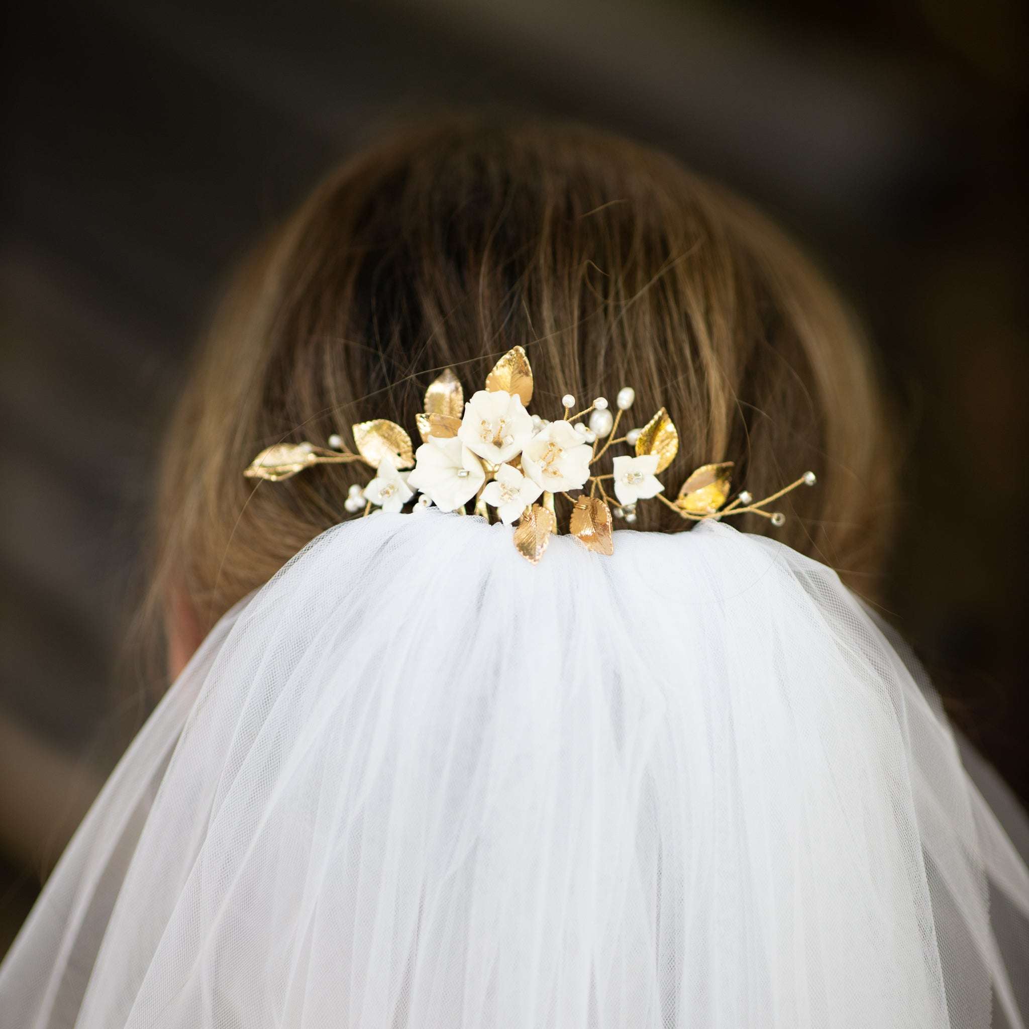 Jules Bridal - Stefanie, White Ceramic Floral Hair Comb with Pearls & Gold Leaves