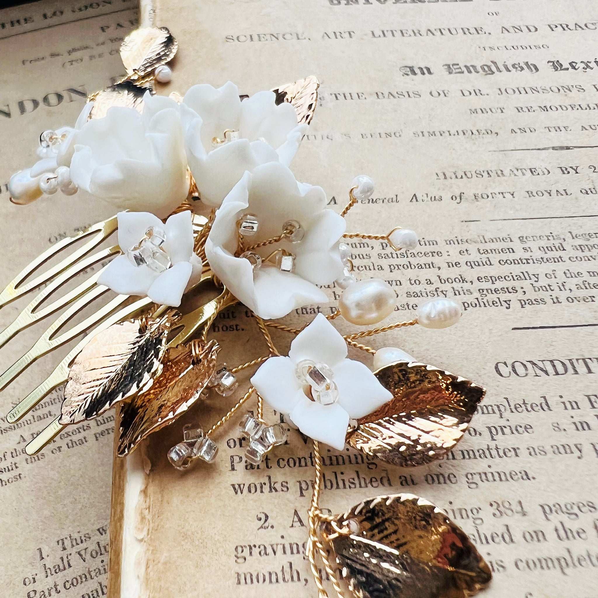 Jules Bridal - Stefanie, White Ceramic Floral Hair Comb with Pearls & Gold Leaves