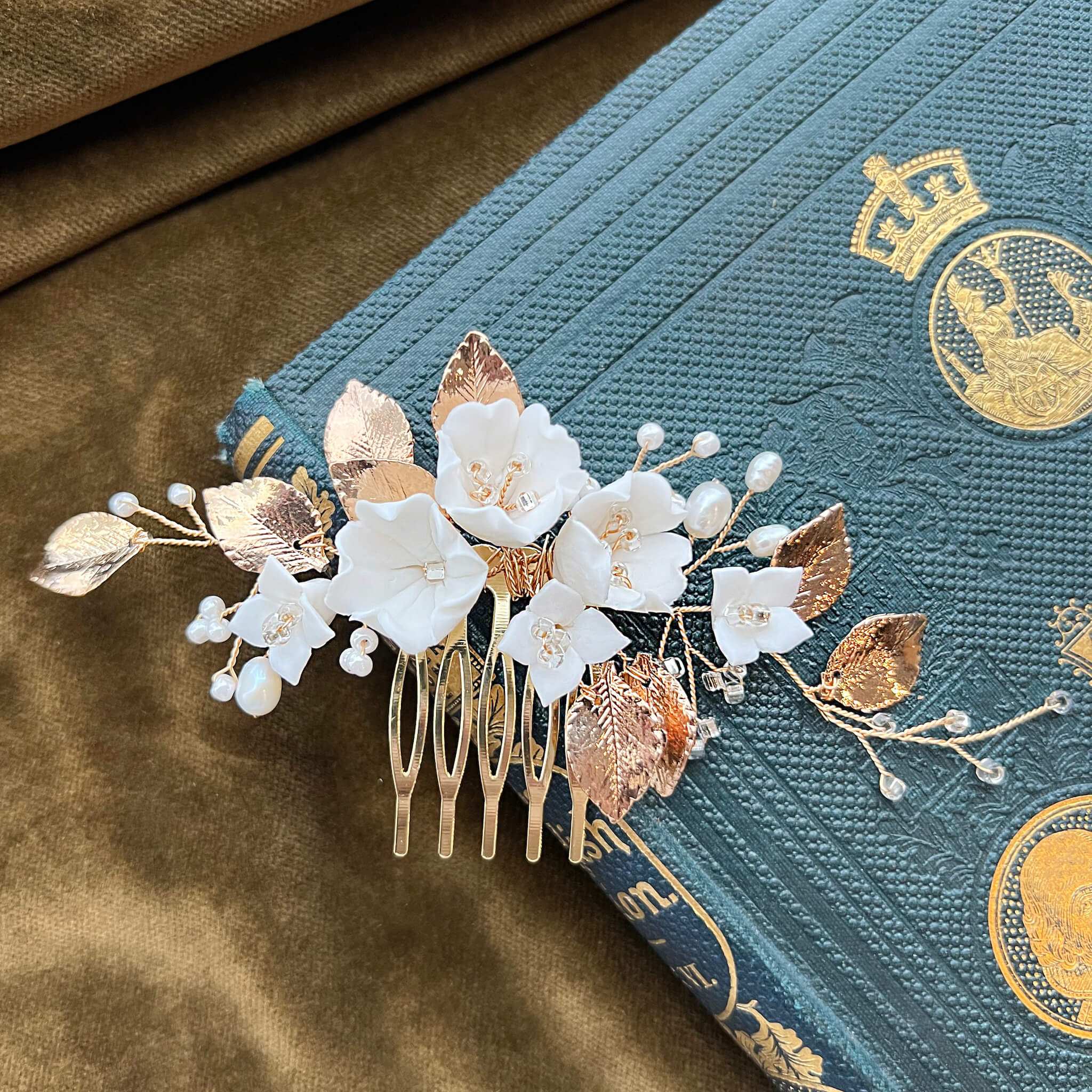 Jules Bridal - Stefanie, White Ceramic Floral Hair Comb with Pearls & Gold Leaves