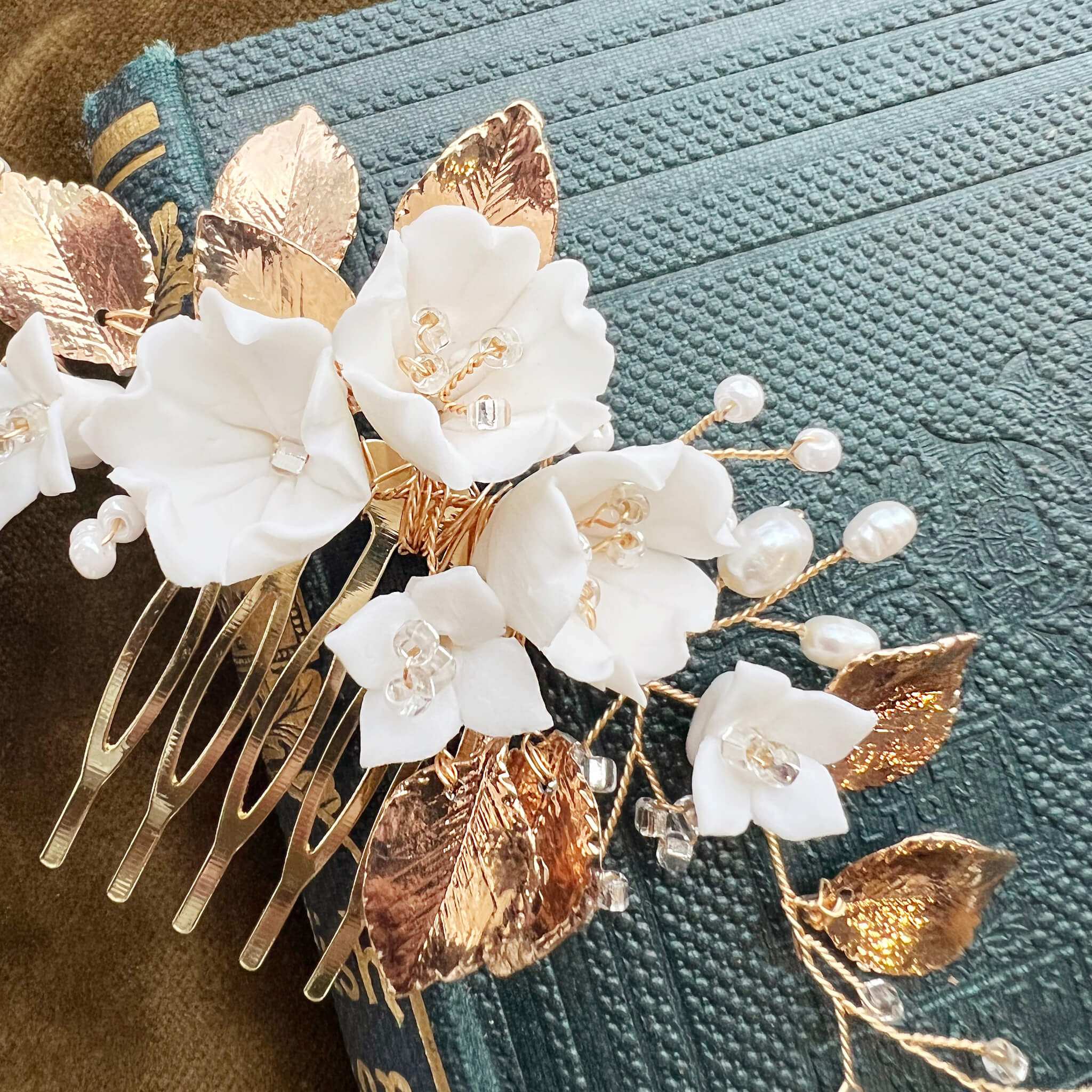 Jules Bridal - Stefanie, White Ceramic Floral Hair Comb with Pearls & Gold Leaves
