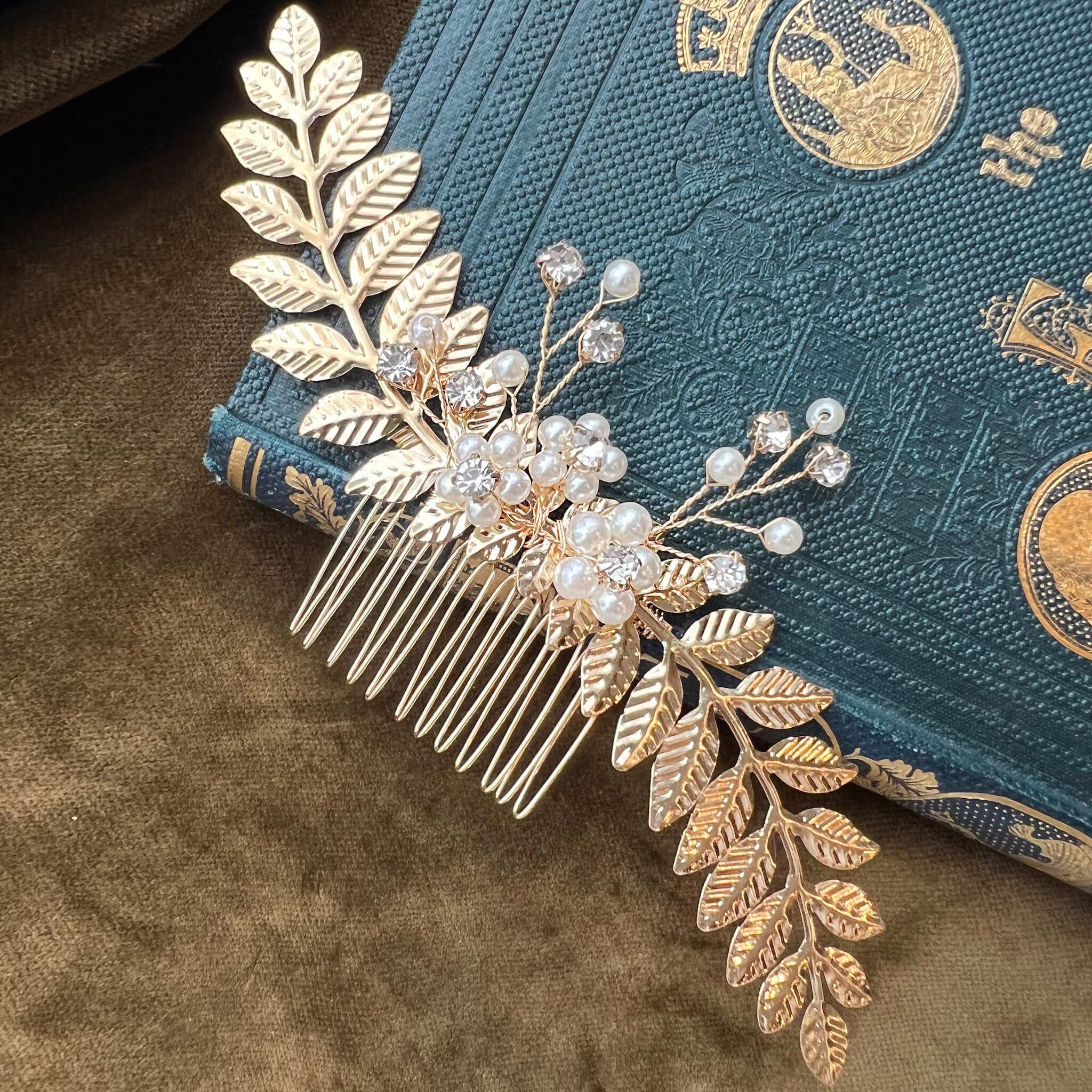 Jules Bridal - Tana, Gold Laurel Pearl & Crystal Hair Comb