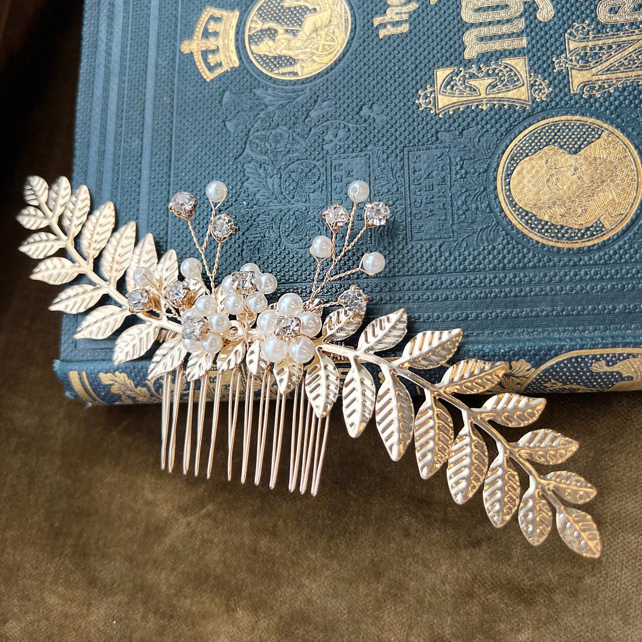 Jules Bridal - Tana, Gold Laurel Pearl & Crystal Hair Comb