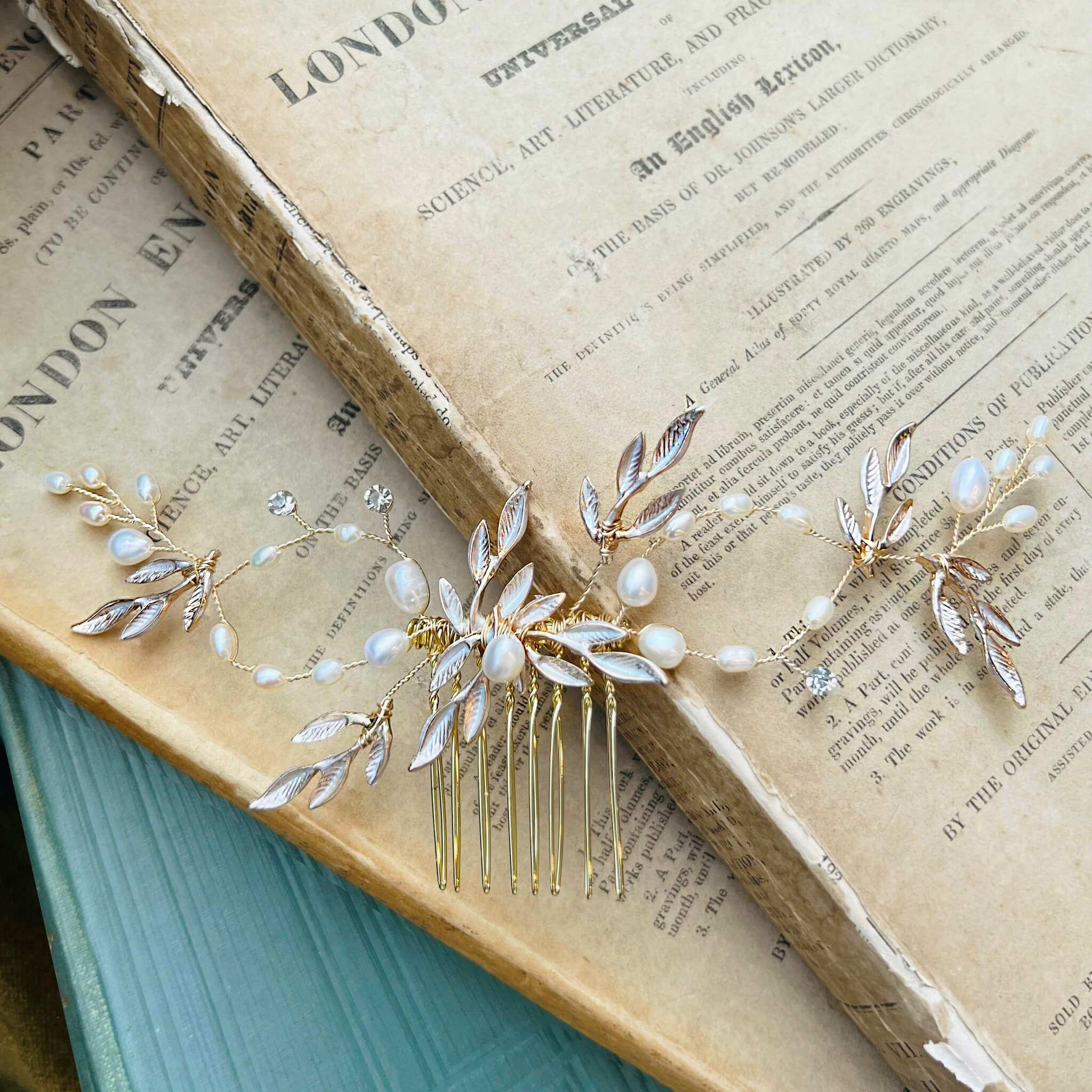 Jules Bridal - Tatiana, Golden Leaf Hair Comb with Pearl & Enamel
