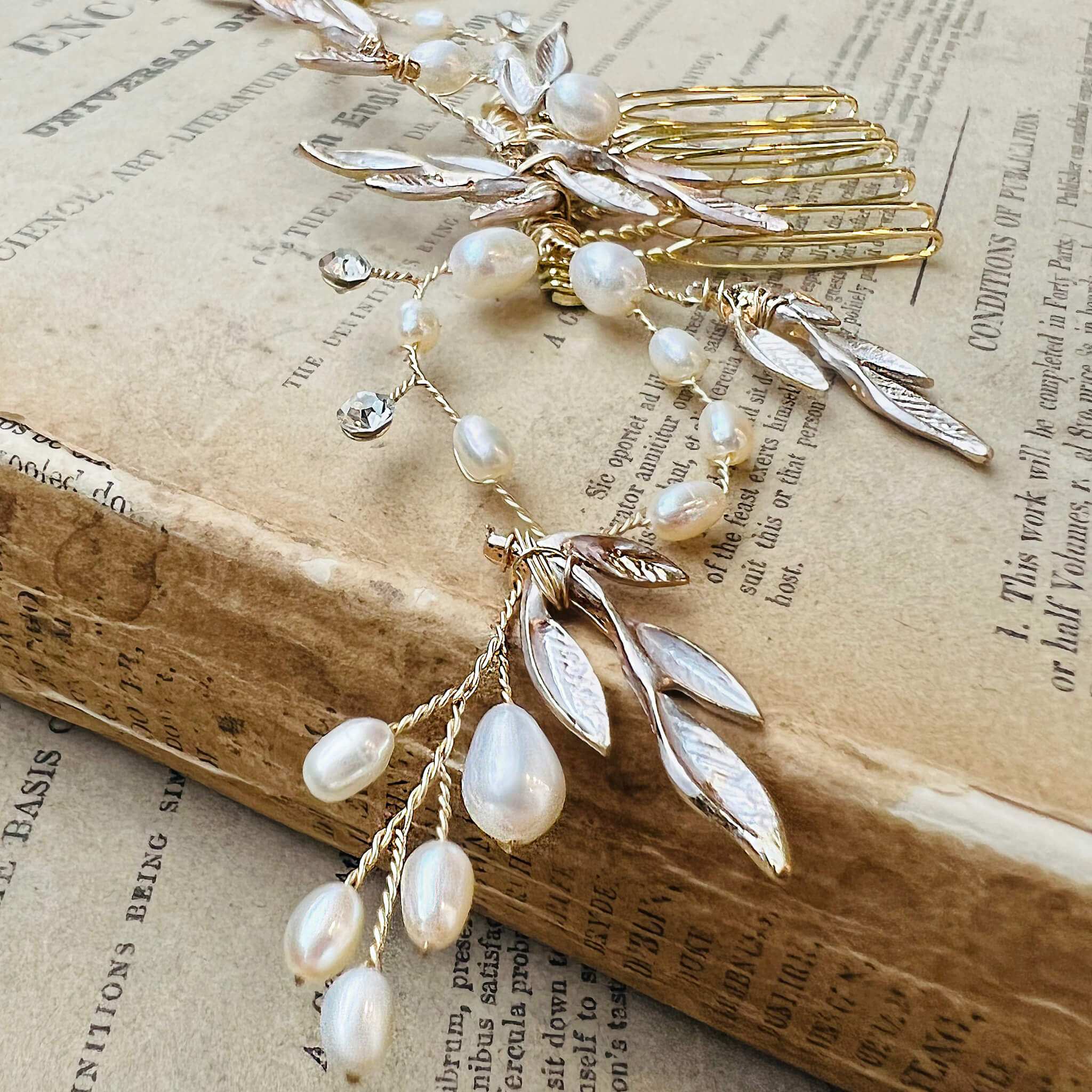 Jules Bridal - Tatiana, Golden Leaf Hair Comb with Pearl & Enamel