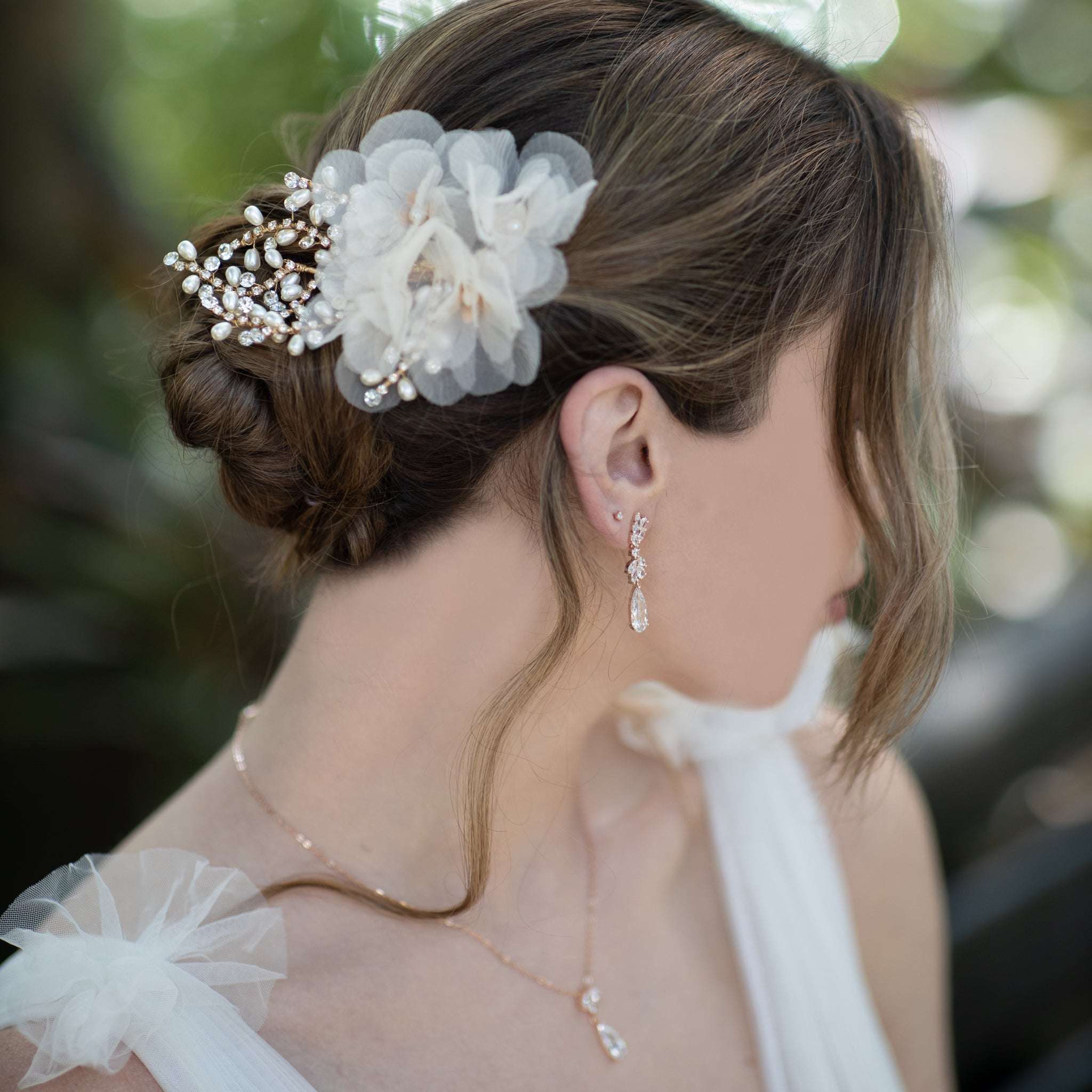 Jules Bridal - Tyra, Chiffon Floral Crystal & Pearl Hair Clip