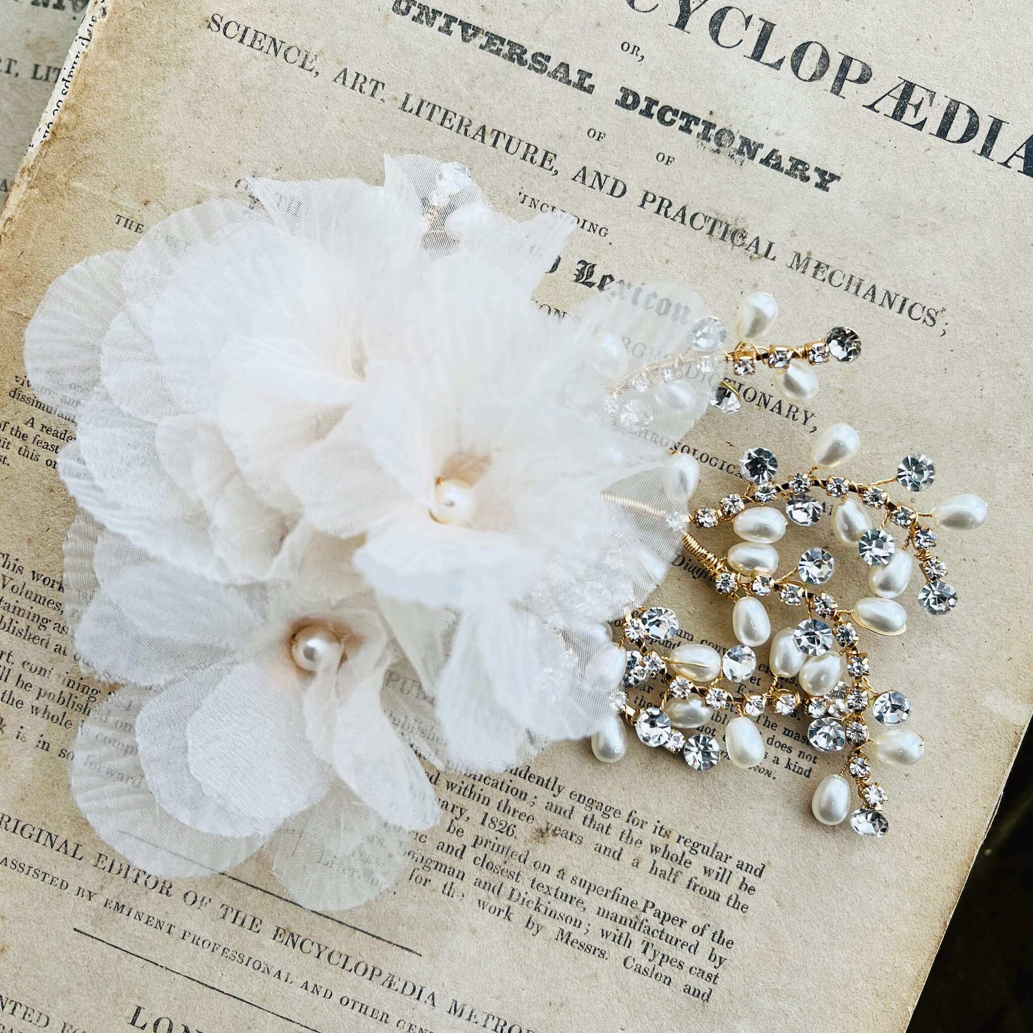 Jules Bridal - Tyra, Chiffon Floral Crystal & Pearl Hair Clip