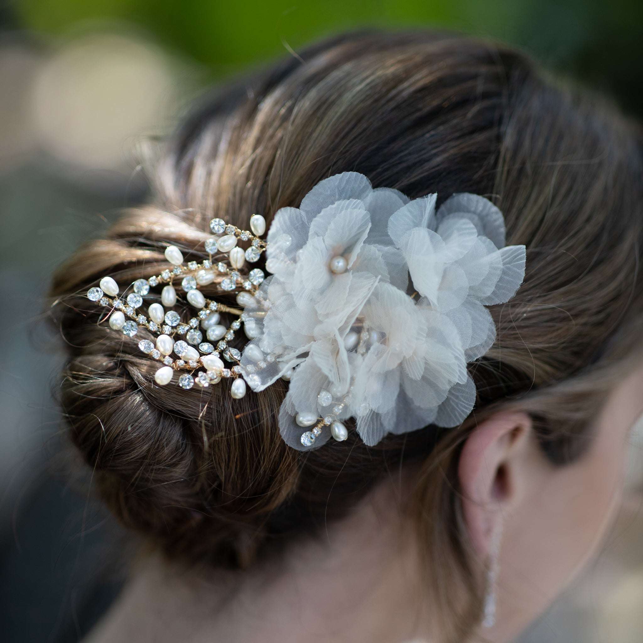 Jules Bridal - Tyra, Chiffon Floral Crystal & Pearl Hair Clip