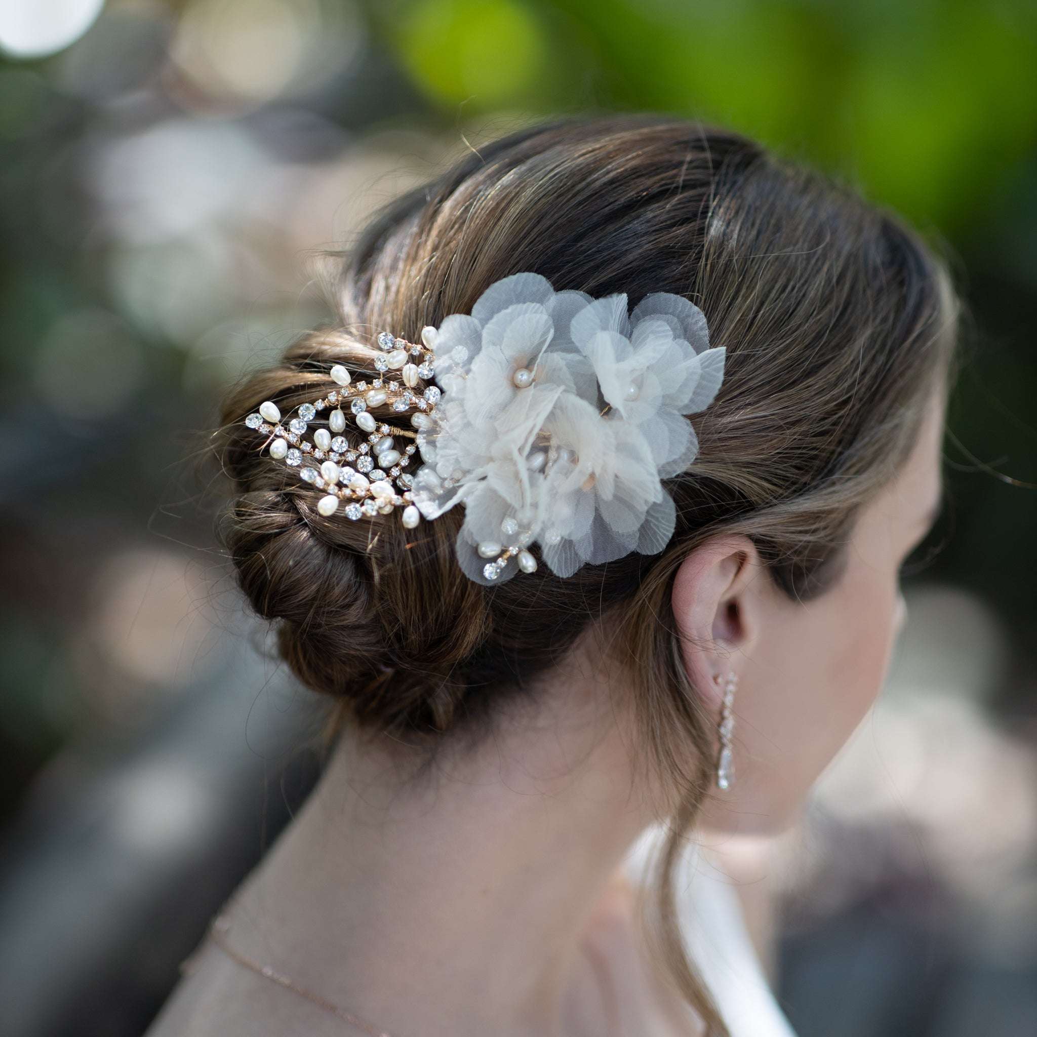 Jules Bridal - Tyra, Chiffon Floral Crystal & Pearl Hair Clip