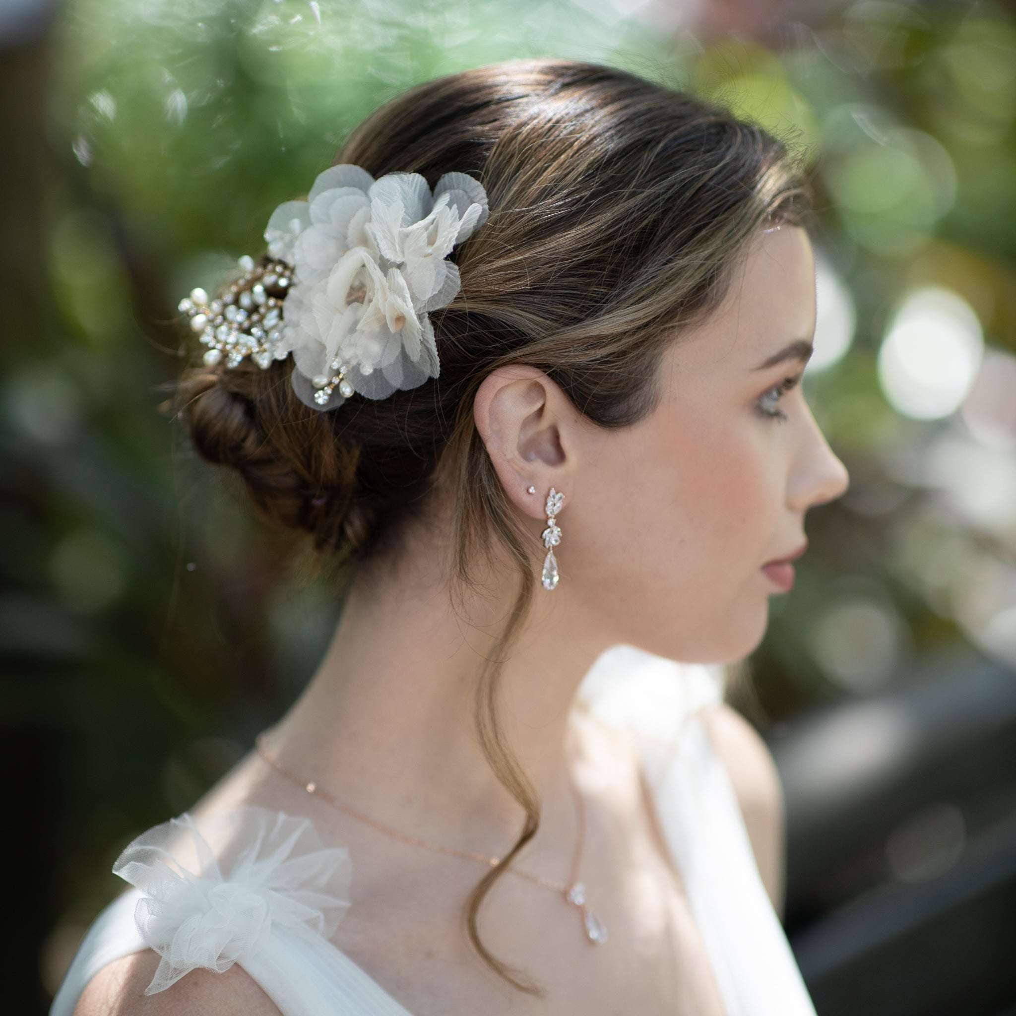 Jules Bridal - Tyra, Chiffon Floral Crystal & Pearl Hair Clip