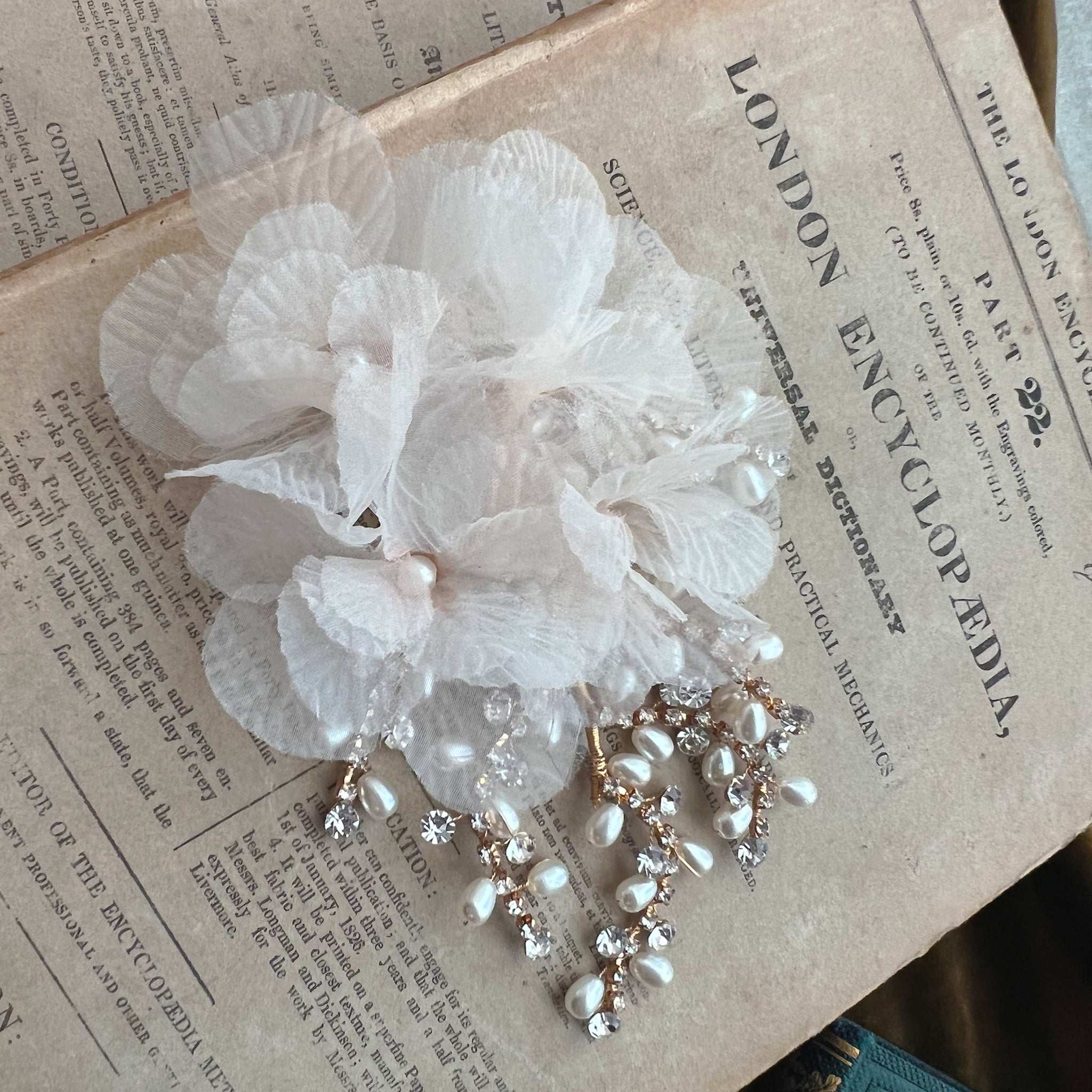 Jules Bridal - Tyra, Chiffon Floral Crystal & Pearl Hair Clip