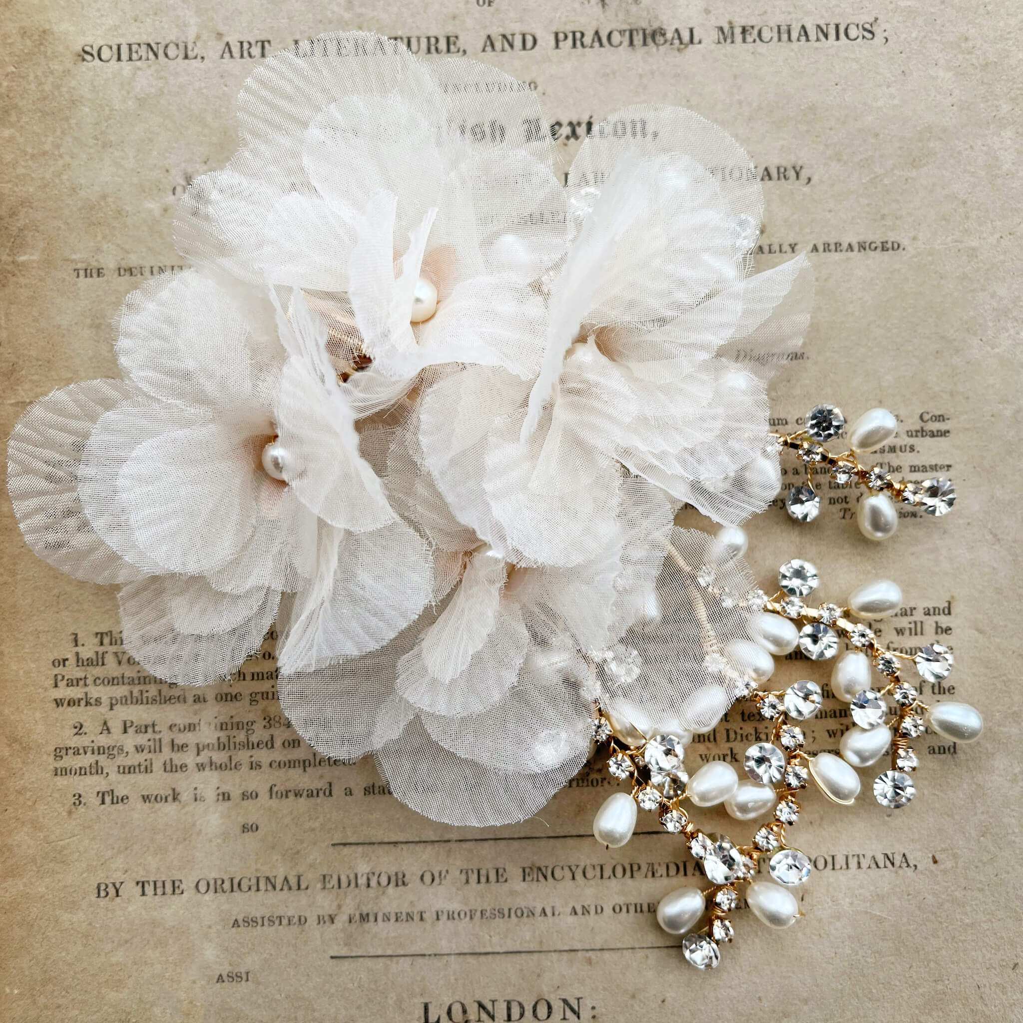 Jules Bridal - Tyra, Chiffon Floral Crystal & Pearl Hair Clip