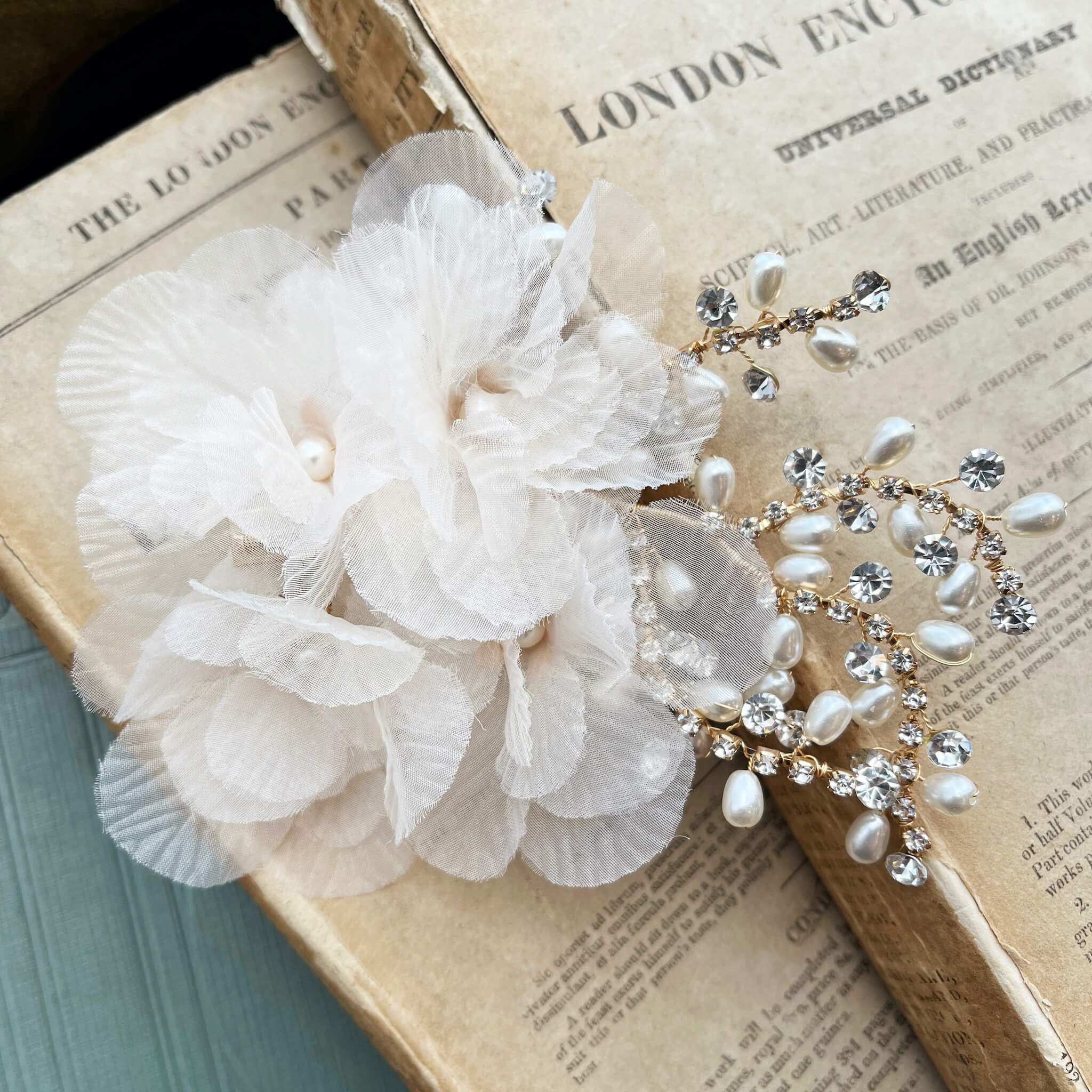 Jules Bridal - Tyra, Chiffon Floral Crystal & Pearl Hair Clip