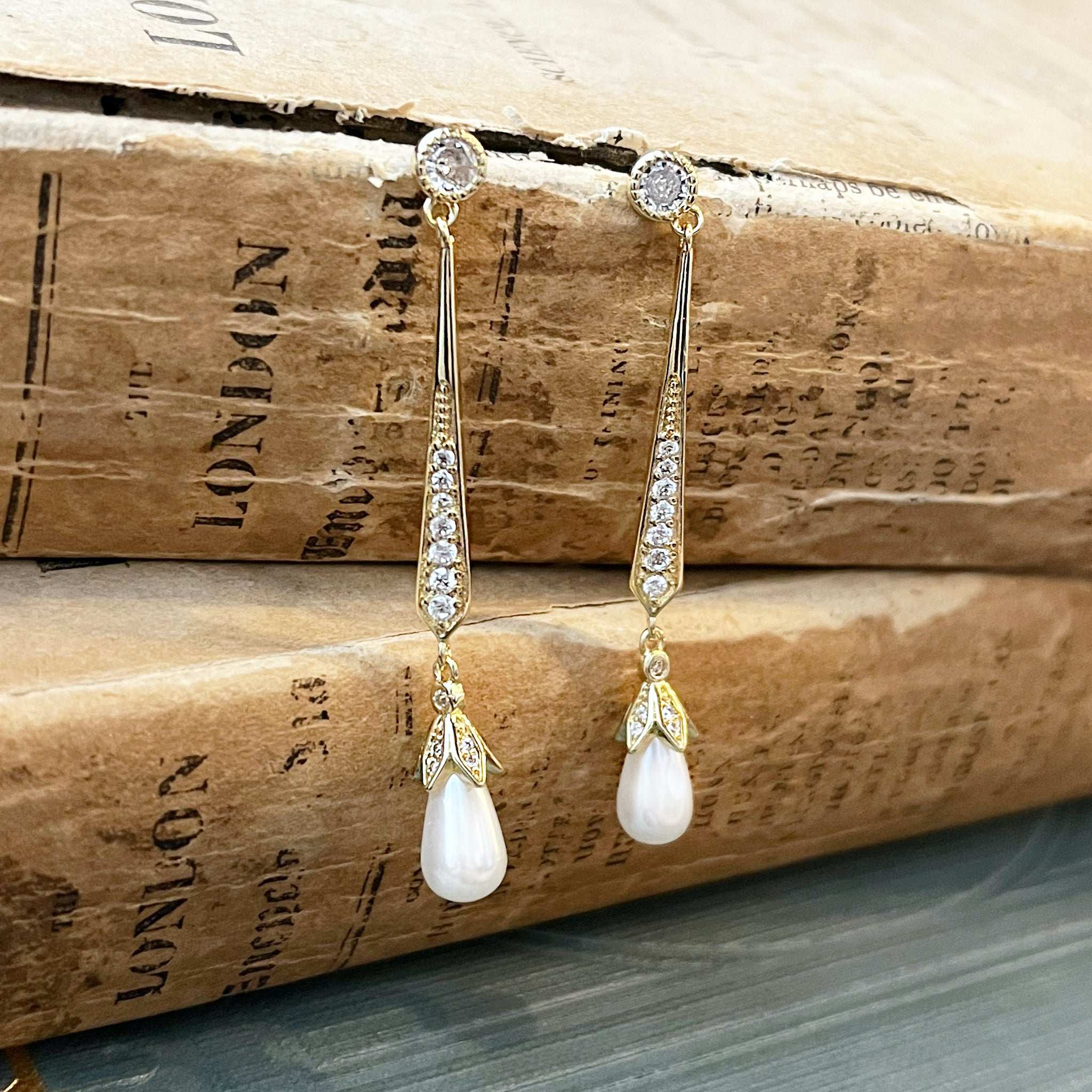 Violet, Teardrop Pearl Earrings in Gold