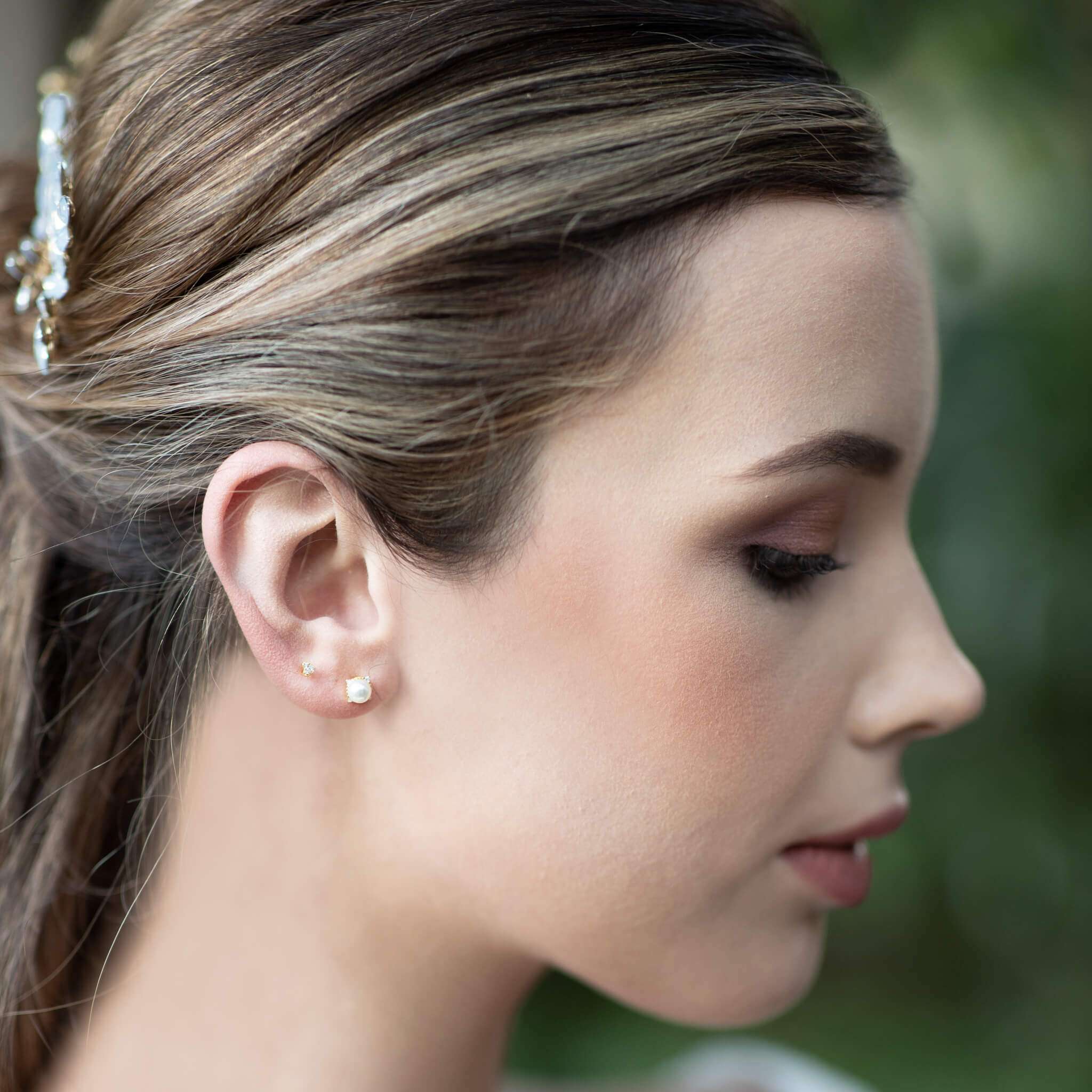 Jules Bridal - Zeus, Studs with Freshwater Pearl & Orbiting Crystal