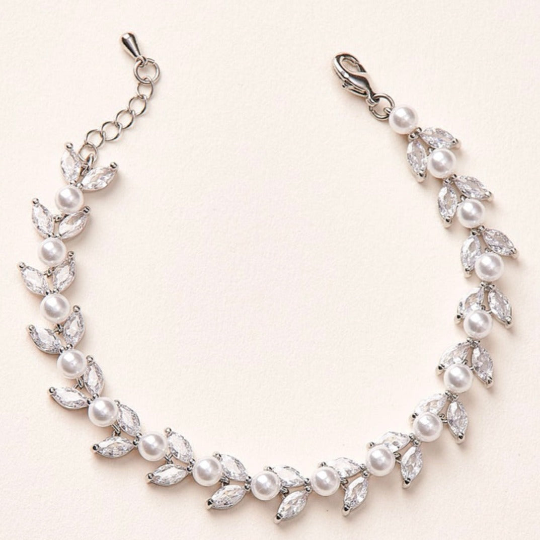 Aubrey, Silver Leaf Crystal & Pearl Bracelet